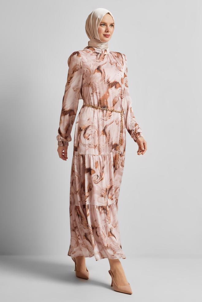 Hijab clothing POWDER PATTERNED SATIN DRESS 45511 - ALVİNA