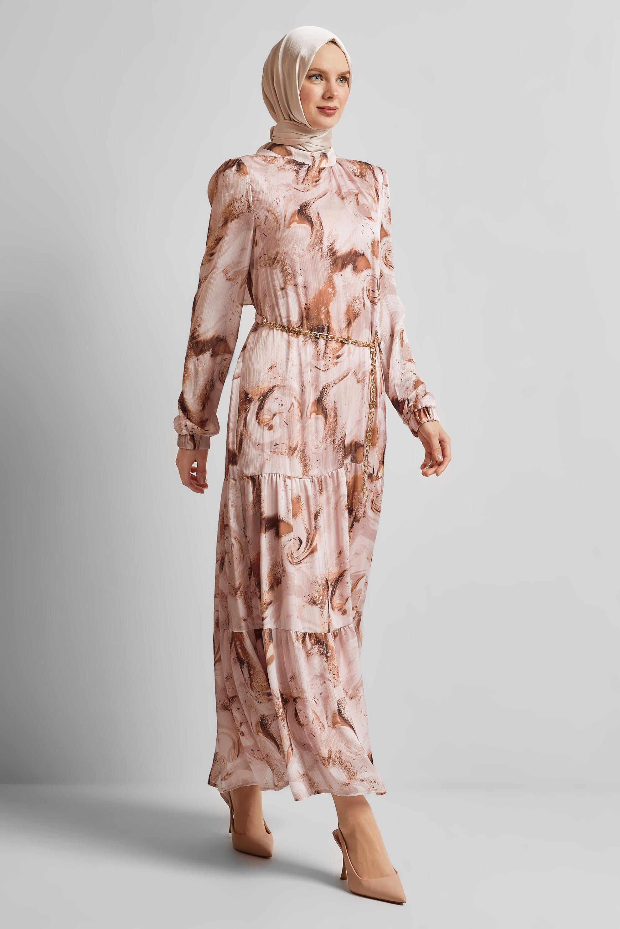 Tesettür giyim PUDRA DESENLİ SATEN ELBİSE 45511