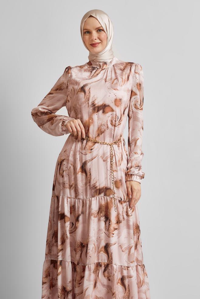 Hijab clothing POWDER PATTERNED SATIN DRESS 45511 - ALVİNA