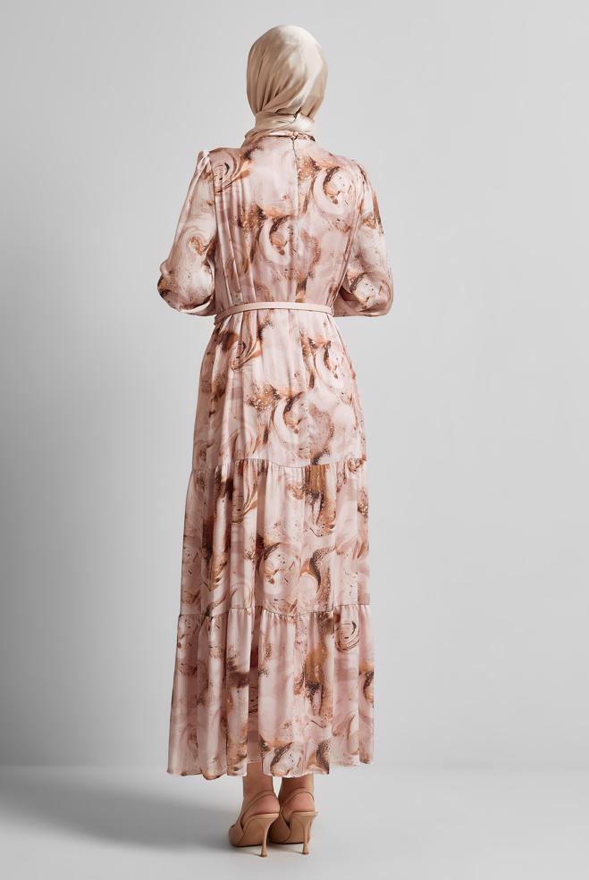 Hijab clothing POWDER PATTERNED SATIN DRESS 45511 - ALVİNA