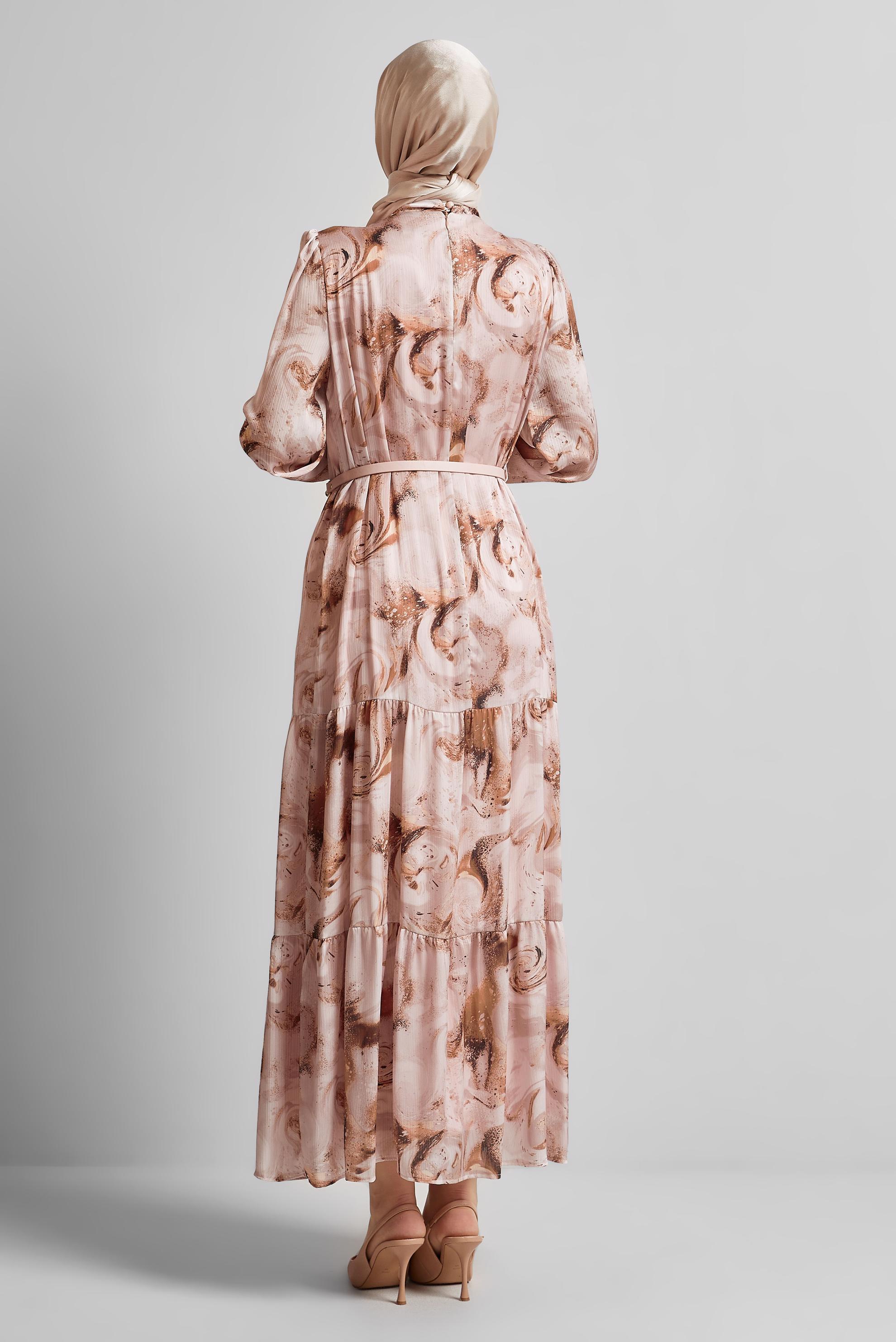 Tesettür giyim PUDRA DESENLİ SATEN ELBİSE 45511