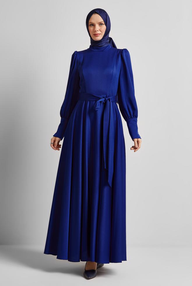 Hijab clothing NAVY BLUE BELTED SATIN DRESS 45523 - ALVİNA
