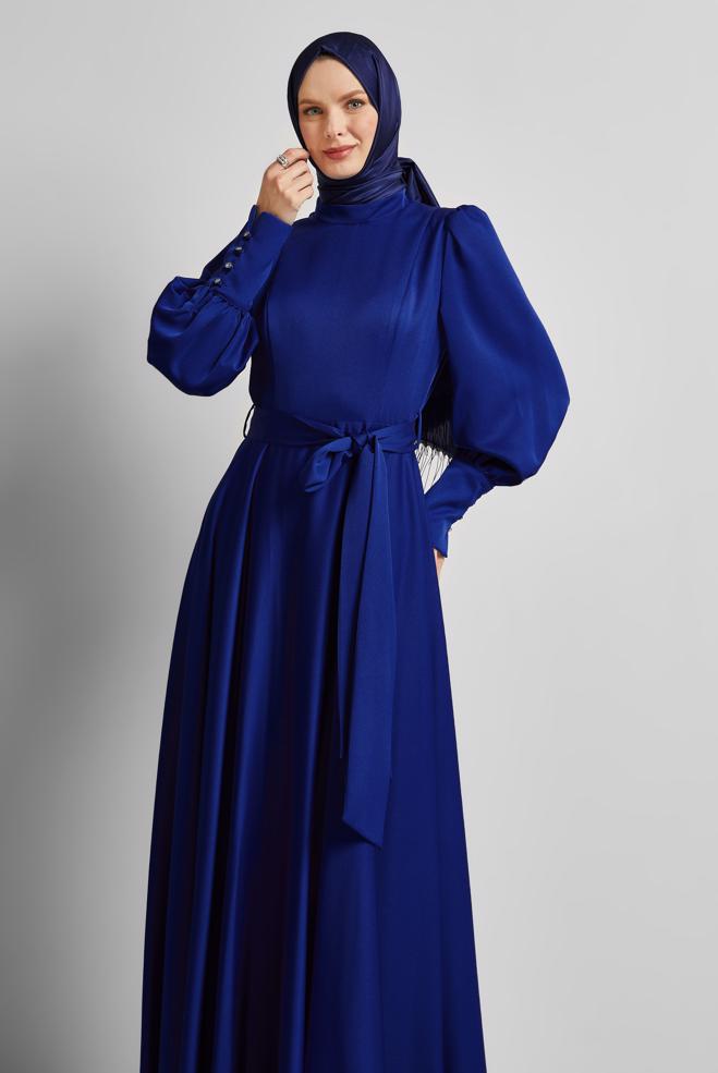 Hijab clothing NAVY BLUE BELTED SATIN DRESS 45523 - ALVİNA