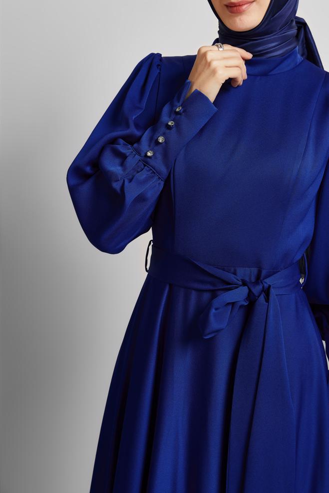 Hijab clothing NAVY BLUE BELTED SATIN DRESS 45523 - ALVİNA