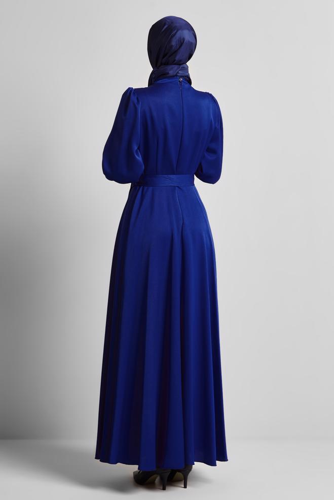 Hijab clothing NAVY BLUE BELTED SATIN DRESS 45523 - ALVİNA
