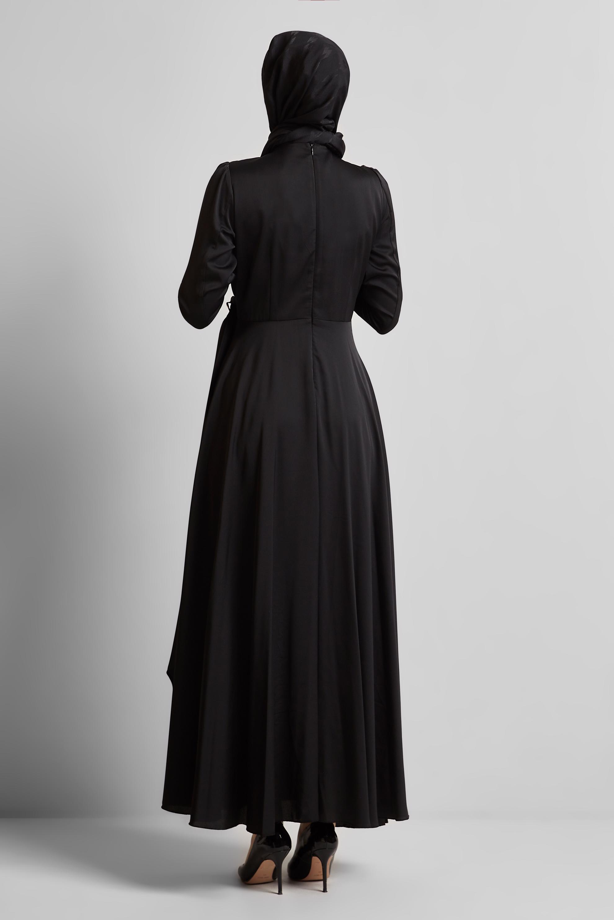 Tesettür giyim SİYAH KEMERLİ SATEN ELBİSE 45527