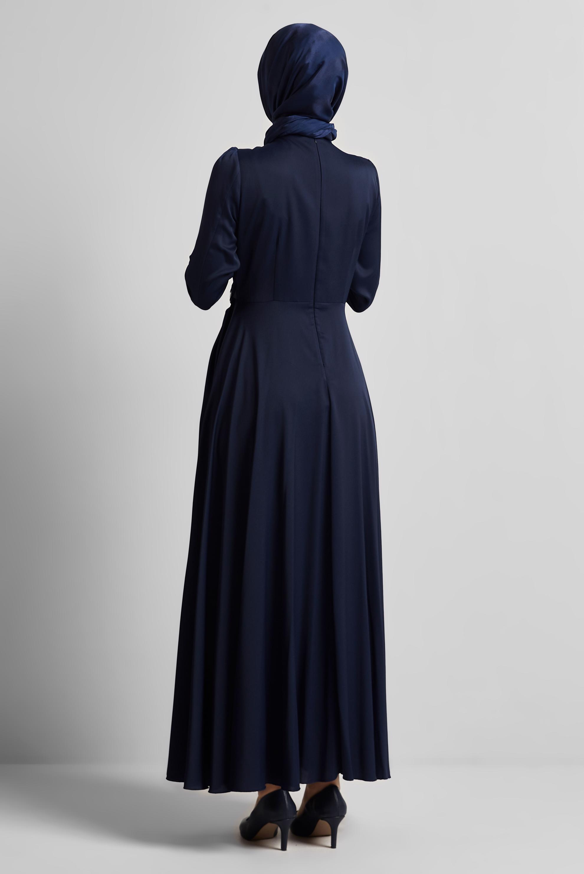 Tesettür giyim LACİVERT KEMERLİ SATEN ELBİSE 45527