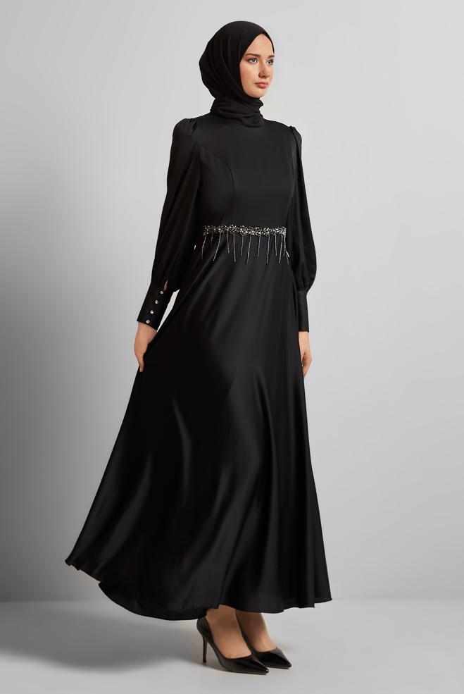 Vêtements hijab NOIR ROBE EN SATIN 45550 - ALVİNA