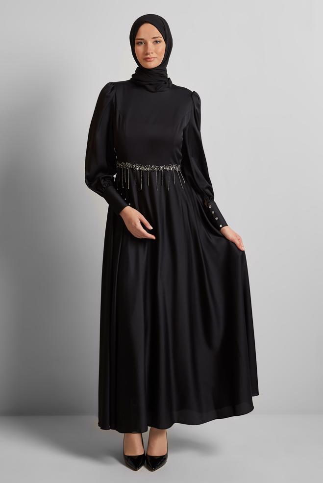 Vêtements hijab NOIR ROBE EN SATIN 45550 - ALVİNA