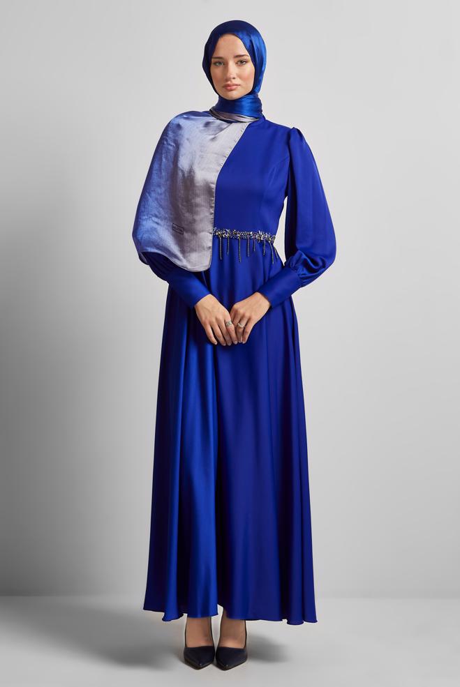 Vêtements hijab BLEU ROBE EN SATIN 45550 - ALVİNA