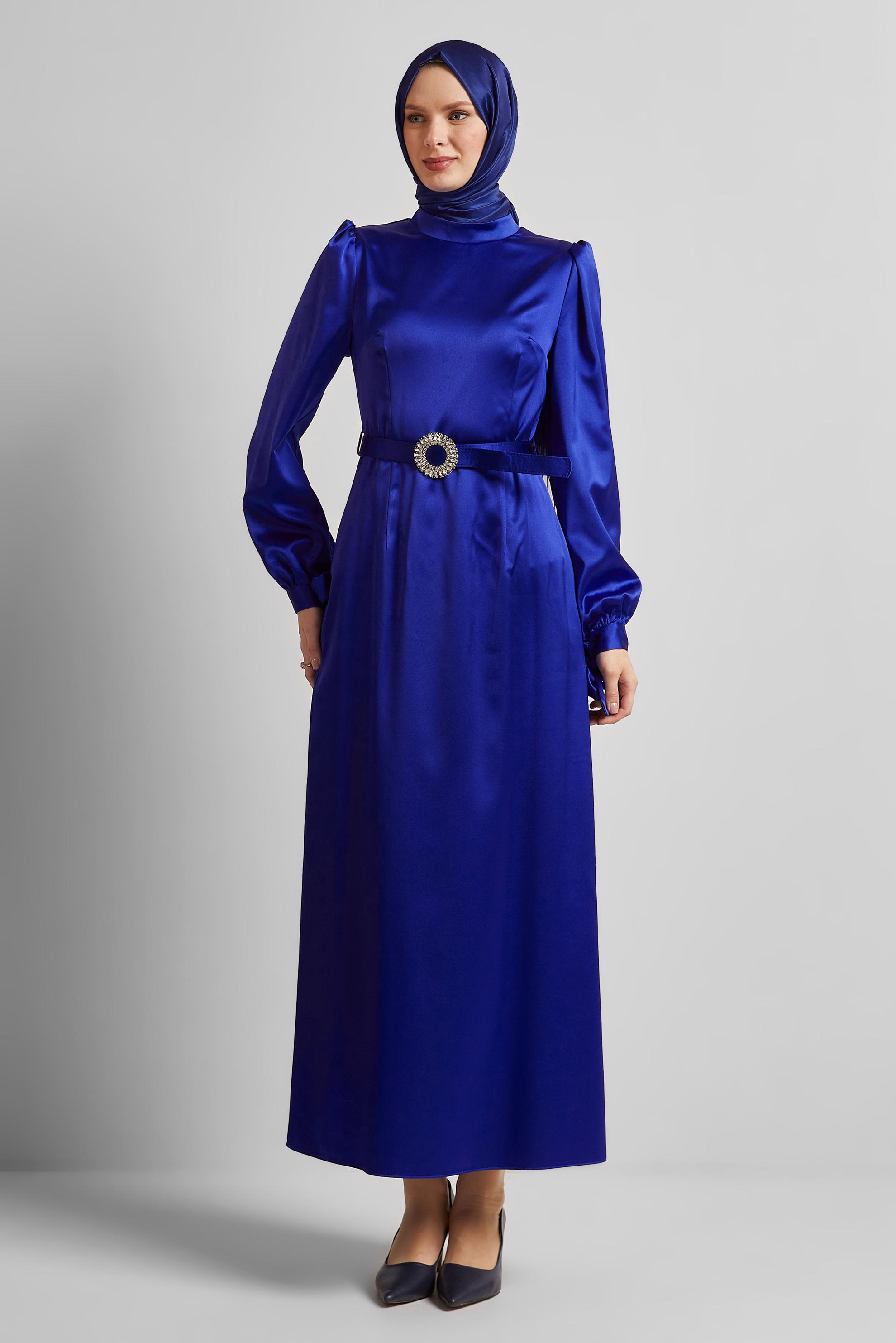 Tesettür giyim LACİVERT KEMERLİ SATEN ELBİSE 45551
