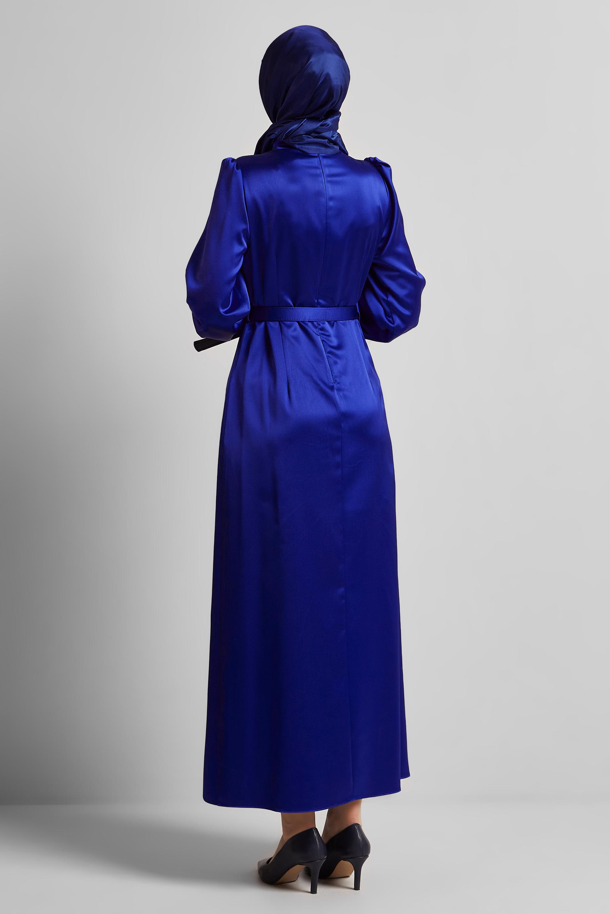 Tesettür giyim LACİVERT KEMERLİ SATEN ELBİSE 45551