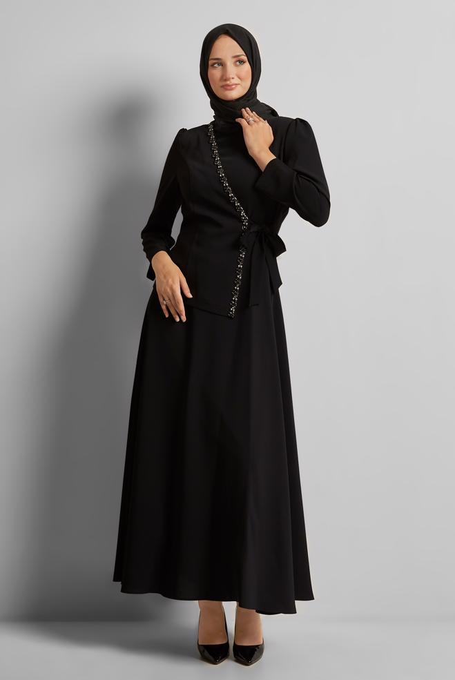 Vêtements hijab NOIR ROBE AVEC GEMME 45557 - ALVİNA