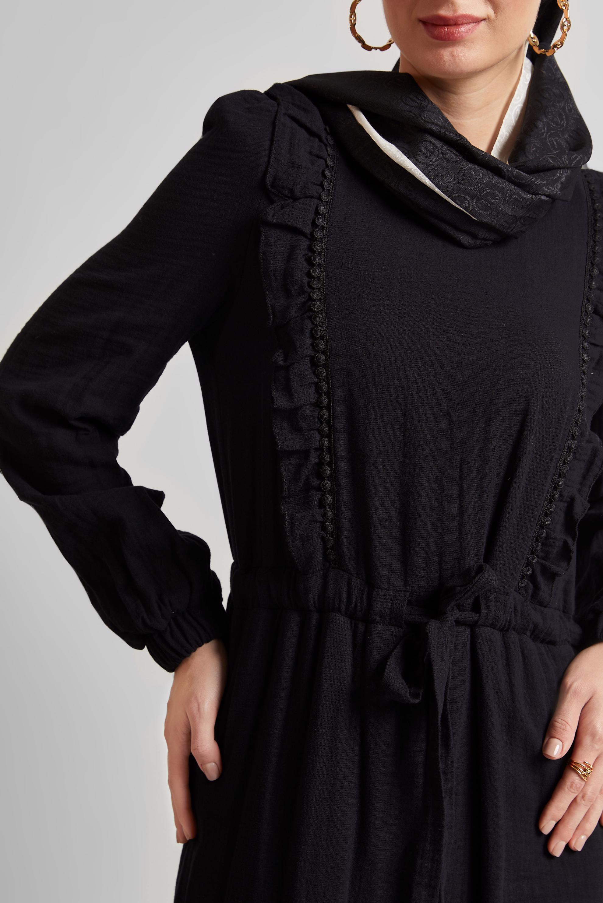 Tesettür giyim SİYAH FIRFIR DETAYLI MÜSLİN ELBİSE 45559