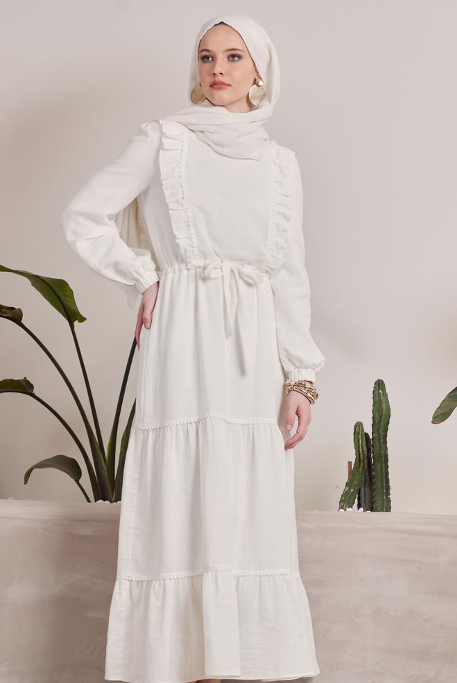 Vêtements hijab BLANC ROBE EN MOUSSELINE À VOLANTS 45559 - ALVİNA