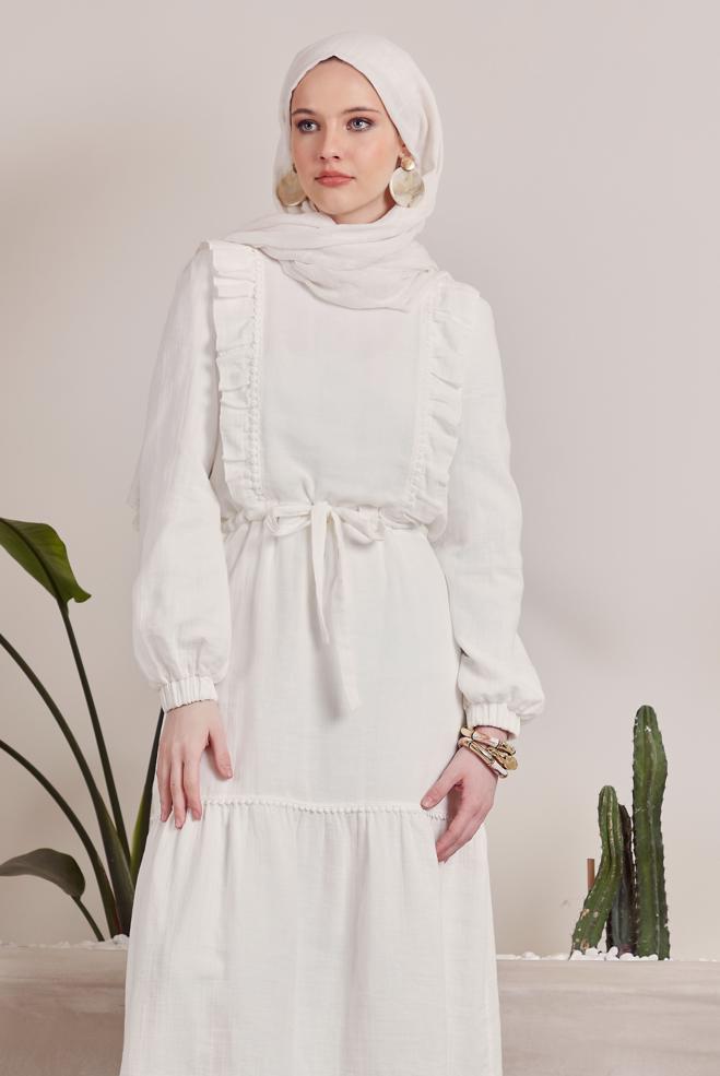 Vêtements hijab BLANC ROBE EN MOUSSELINE À VOLANTS 45559 - ALVİNA