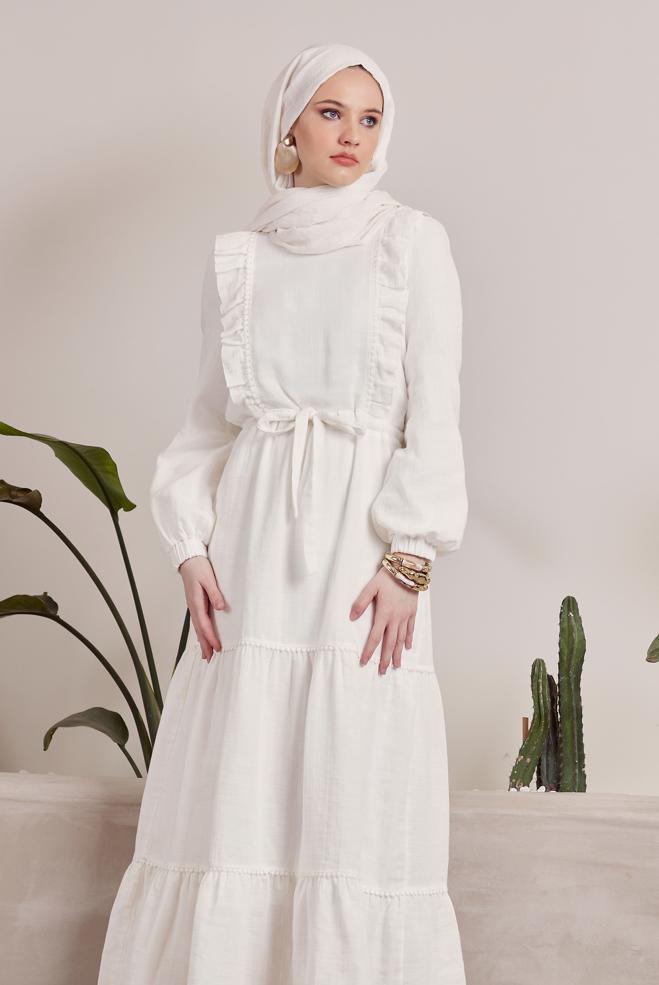 Vêtements hijab BLANC ROBE EN MOUSSELINE À VOLANTS 45559 - ALVİNA