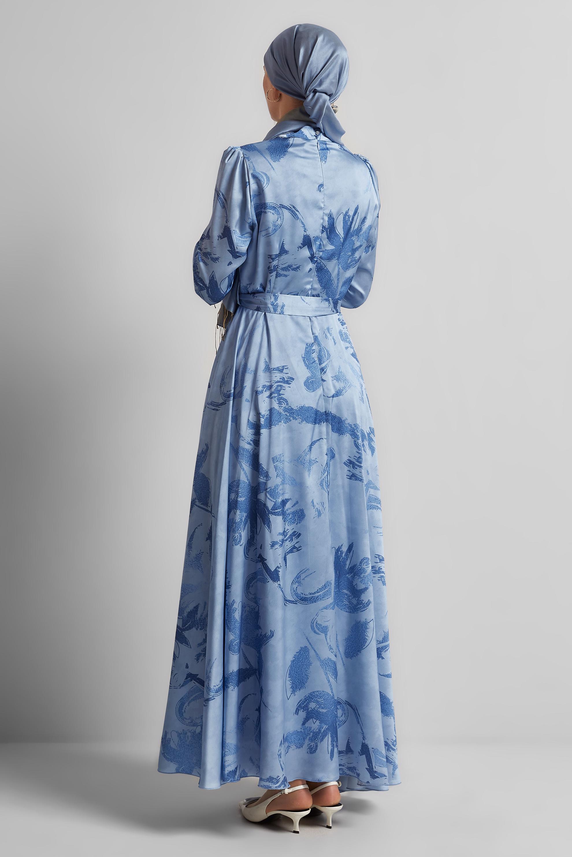 Tesettür giyim MAVİ KUŞAKLI SATEN ELBİSE 45568