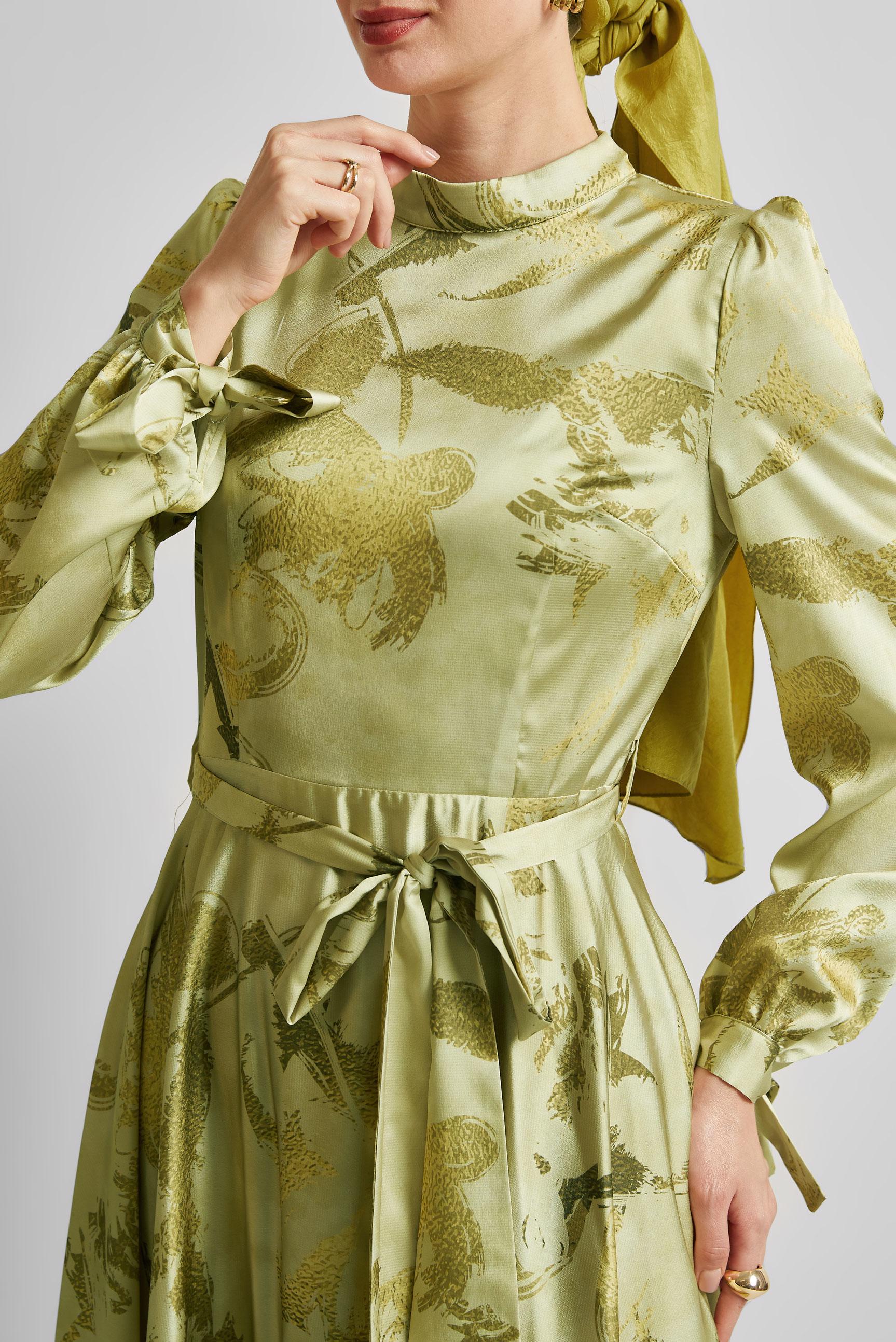 Tesettür giyim YEŞİL KUŞAKLI SATEN ELBİSE 45568