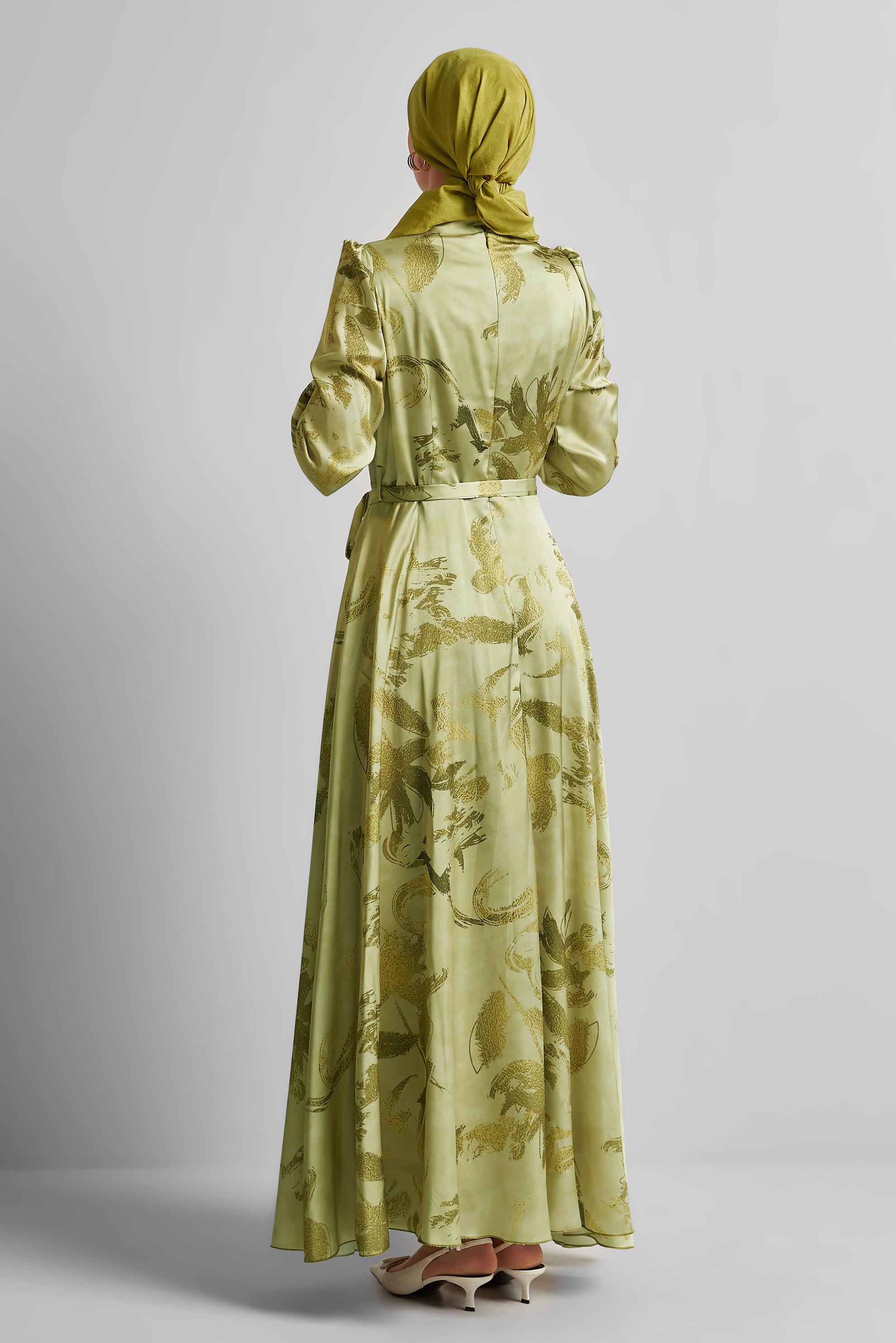 Tesettür giyim YEŞİL KUŞAKLI SATEN ELBİSE 45568