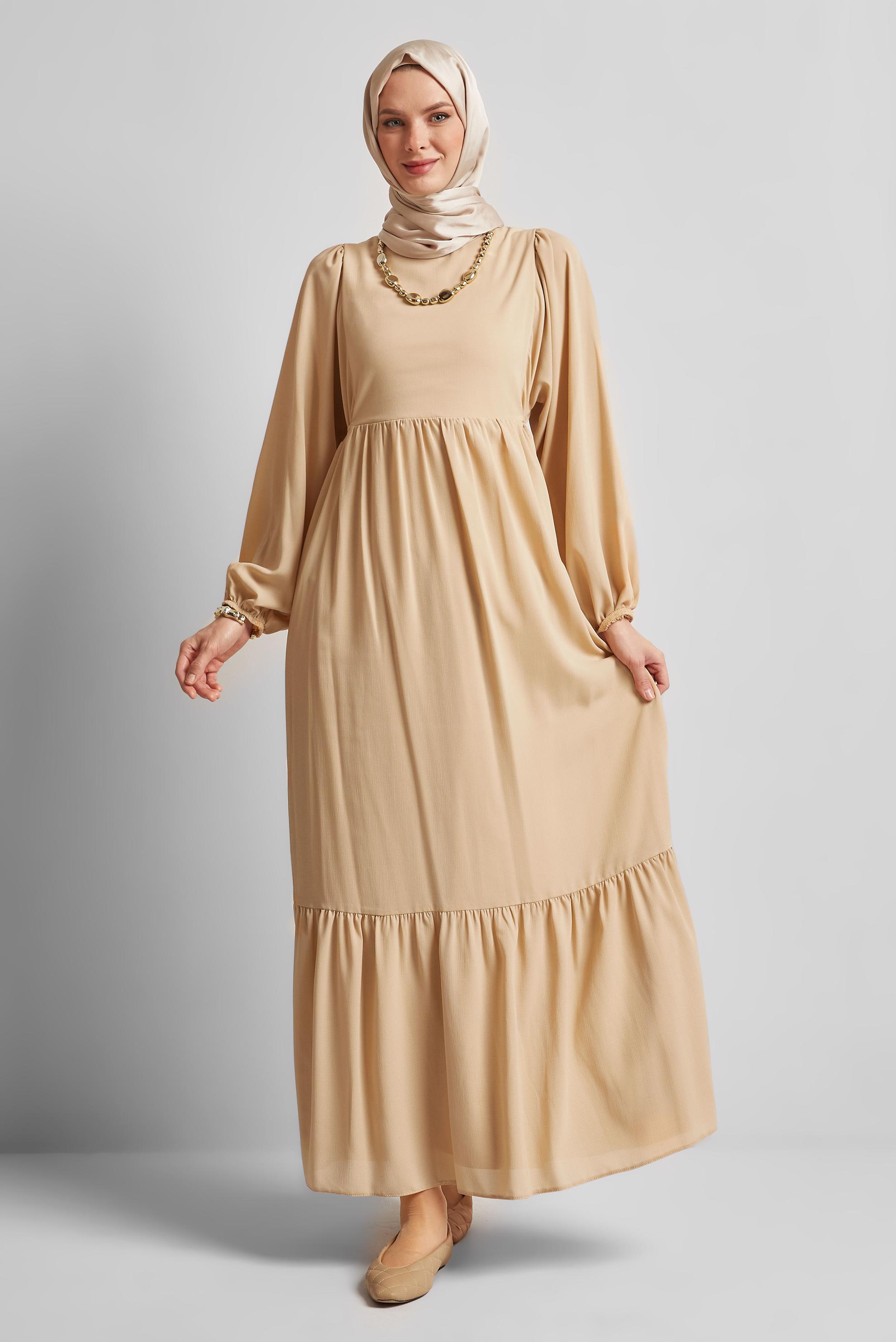 Tesettür giyim BEJ BAĞCIKLI ELBİSE 45575