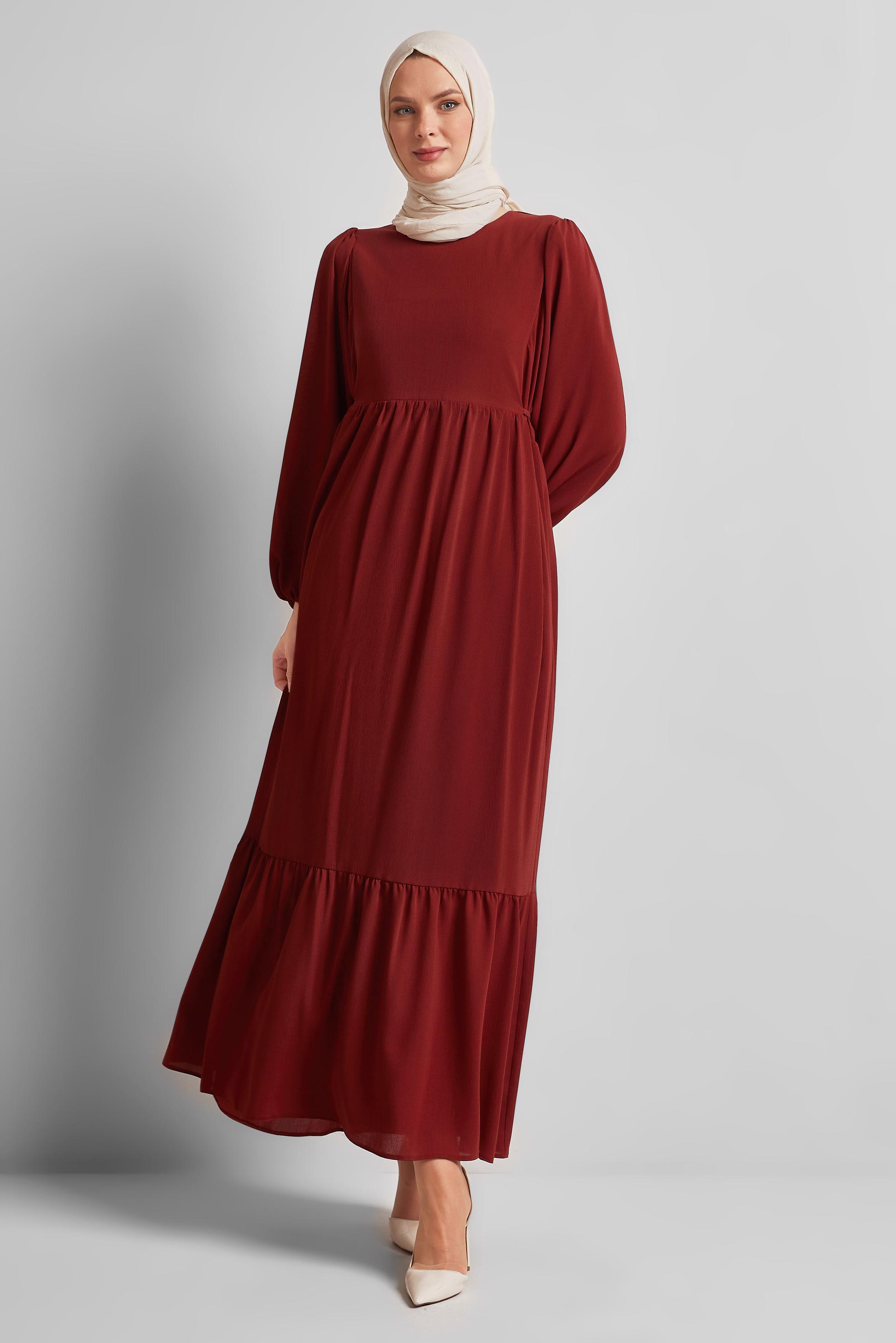 Tesettür giyim BORDO BAĞCIKLI ELBİSE 45575