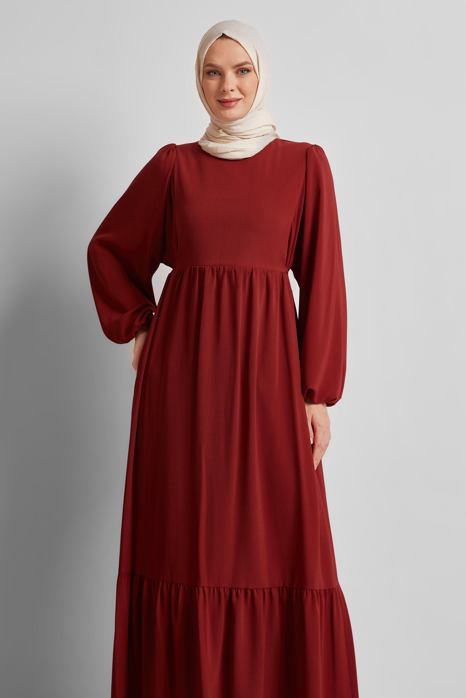 Tesettür giyim BORDO BAĞCIKLI ELBİSE 45575