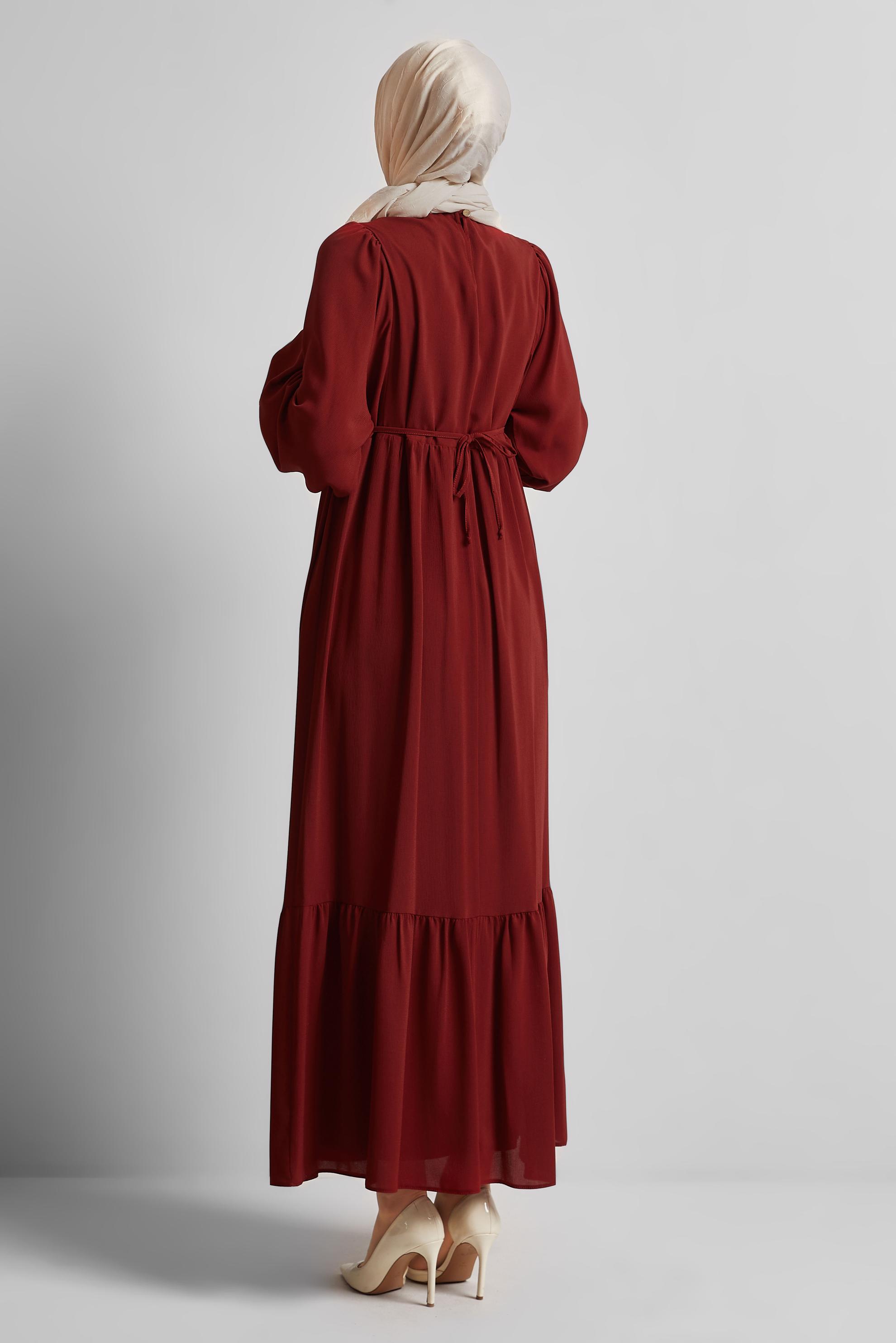 Tesettür giyim BORDO BAĞCIKLI ELBİSE 45575