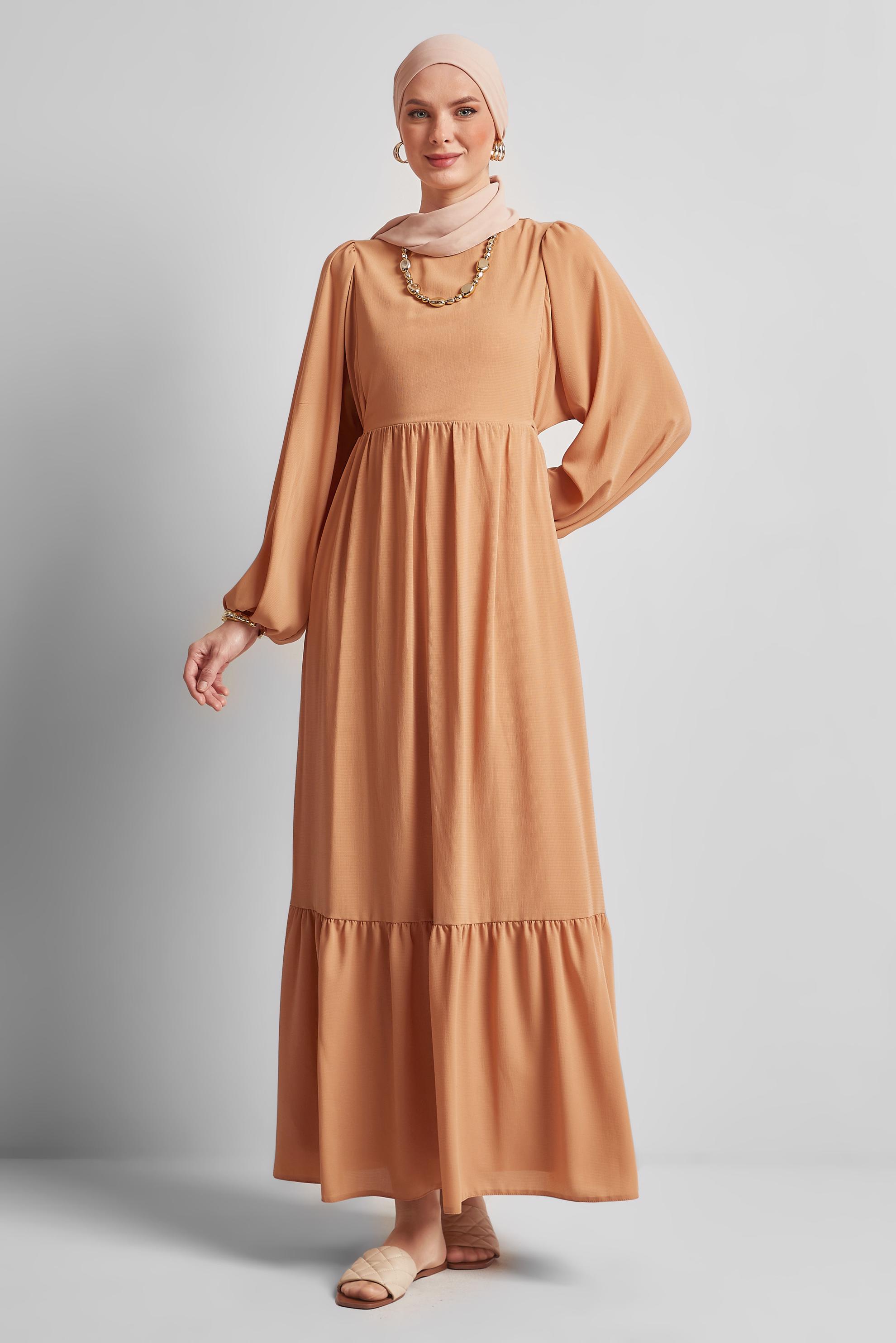 Tesettür giyim TABA BAĞCIKLI ELBİSE 45575