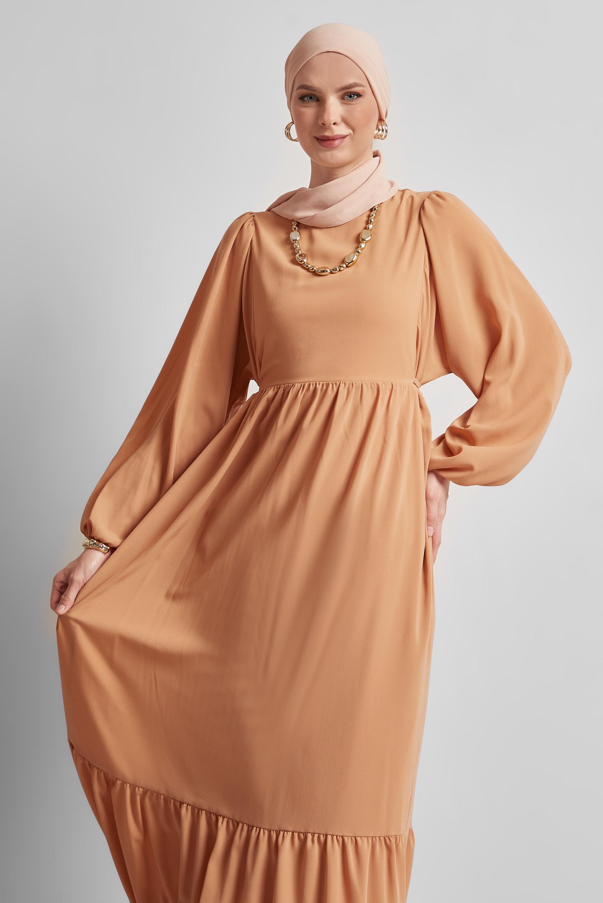 Tesettür giyim TABA BAĞCIKLI ELBİSE 45575