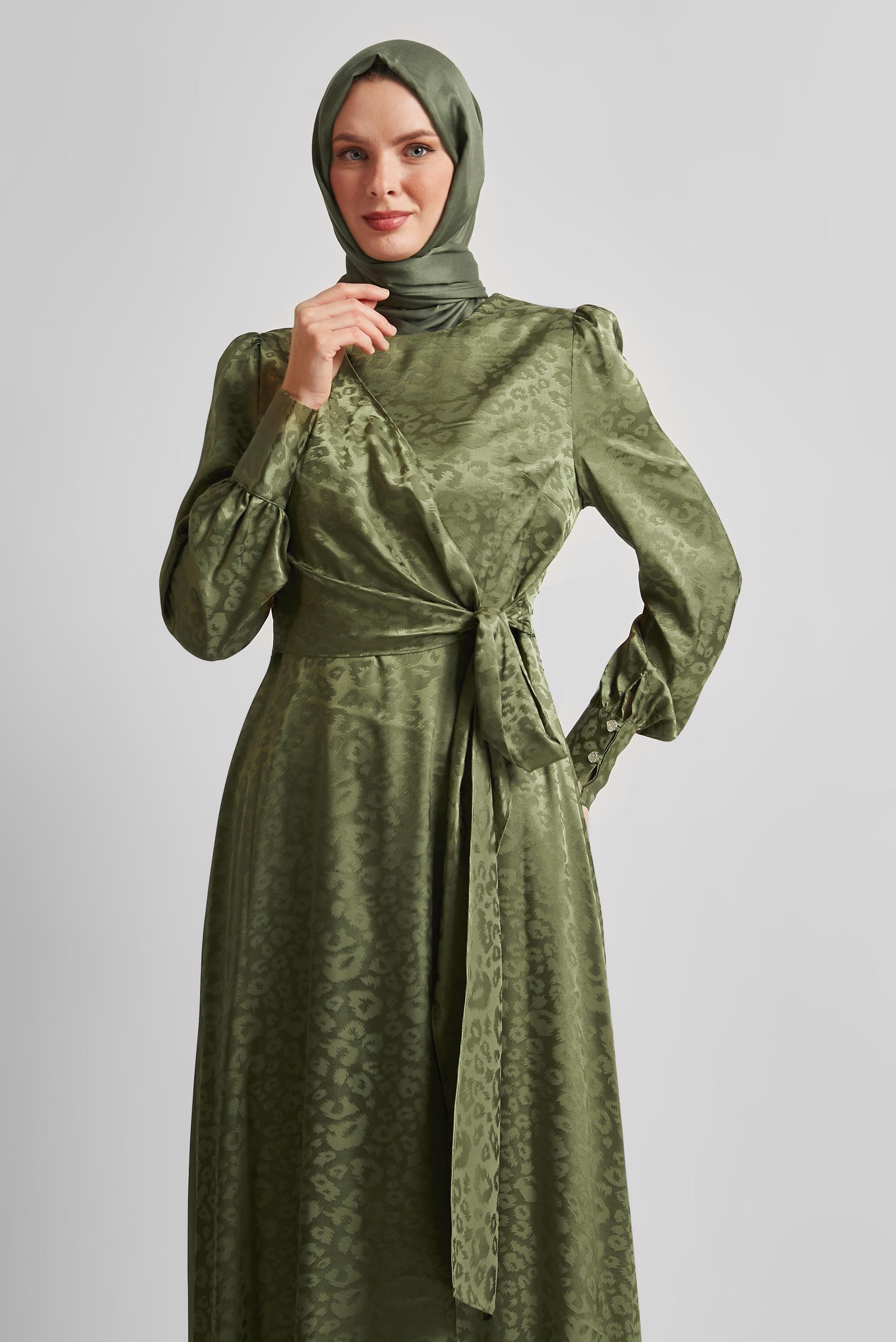 Tesettür giyim HAKİ SATEN JAKAR ELBİSE 45578