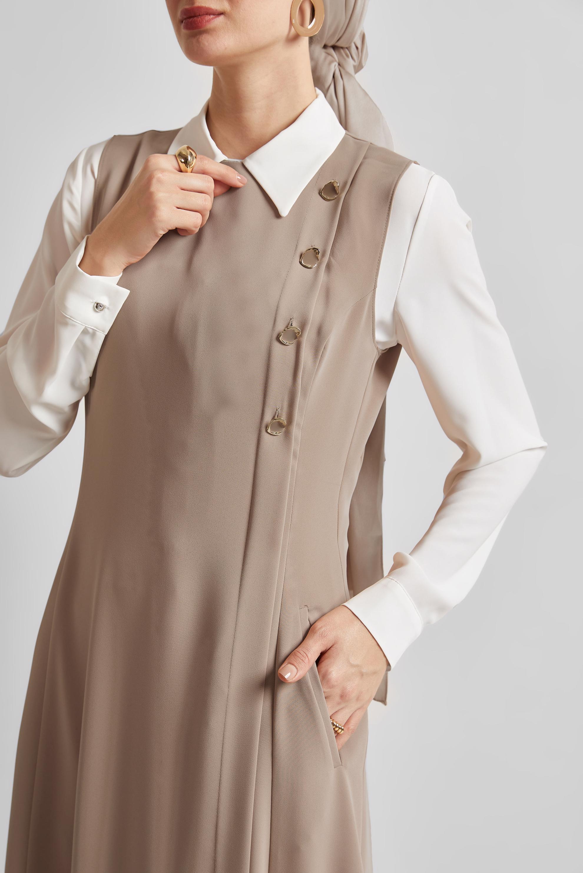 Tesettür giyim VİZON DÜĞME DETAYLI JİLE ELBİSE 45596