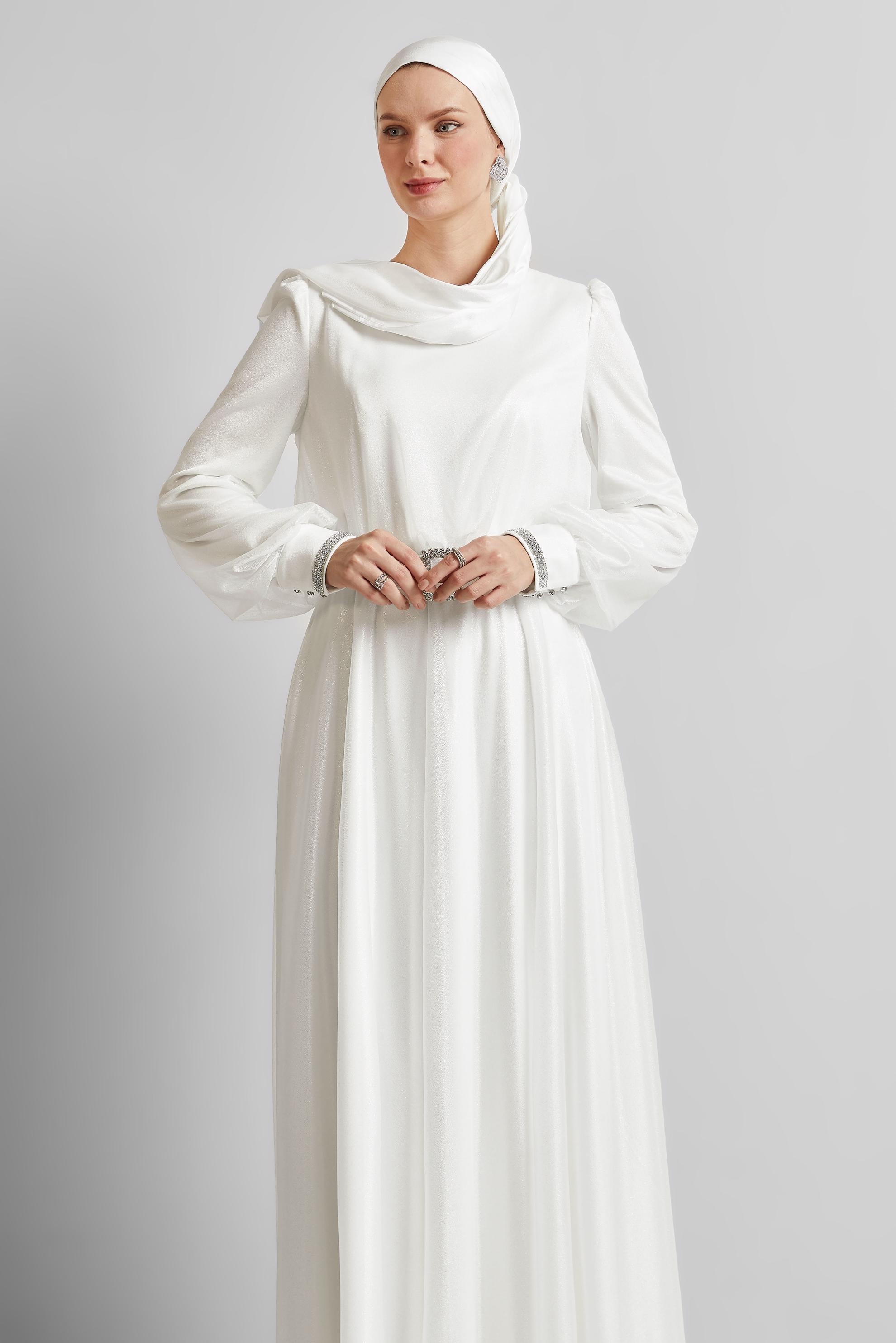 Tesettür giyim BEYAZ KEMERLİ ABİYE ELBİSE 45607