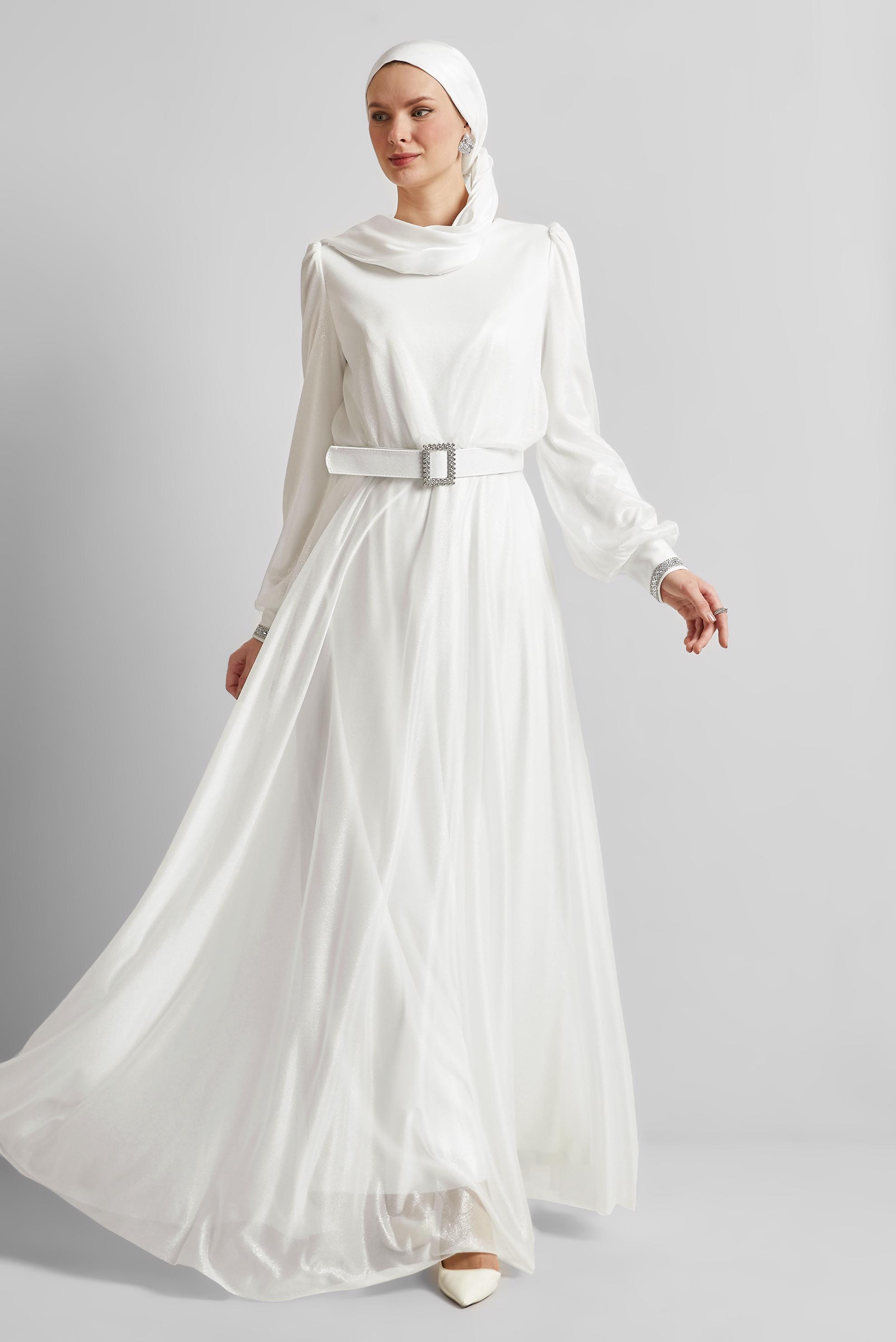 Tesettür giyim BEYAZ KEMERLİ ABİYE ELBİSE 45607