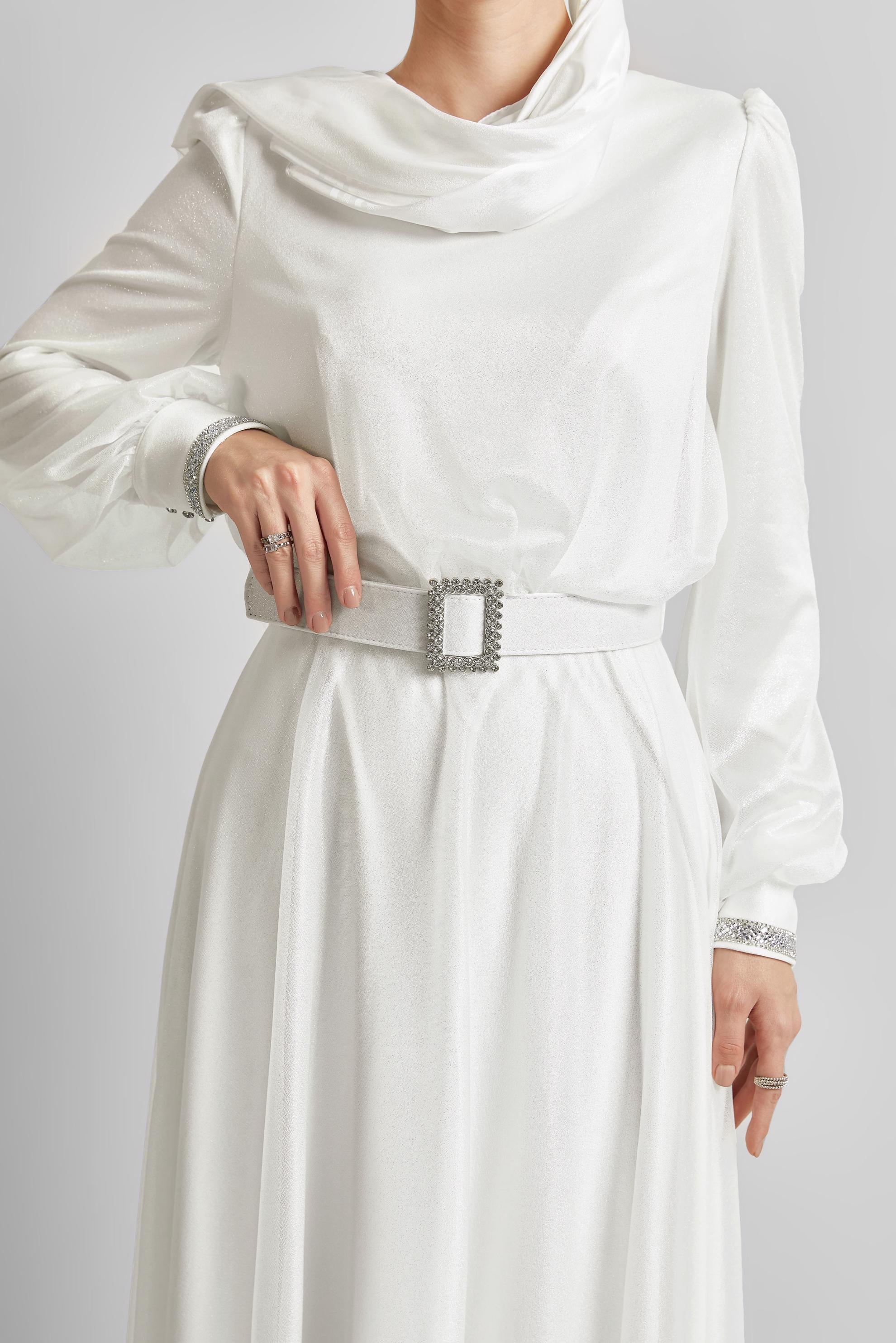 Tesettür giyim BEYAZ KEMERLİ ABİYE ELBİSE 45607