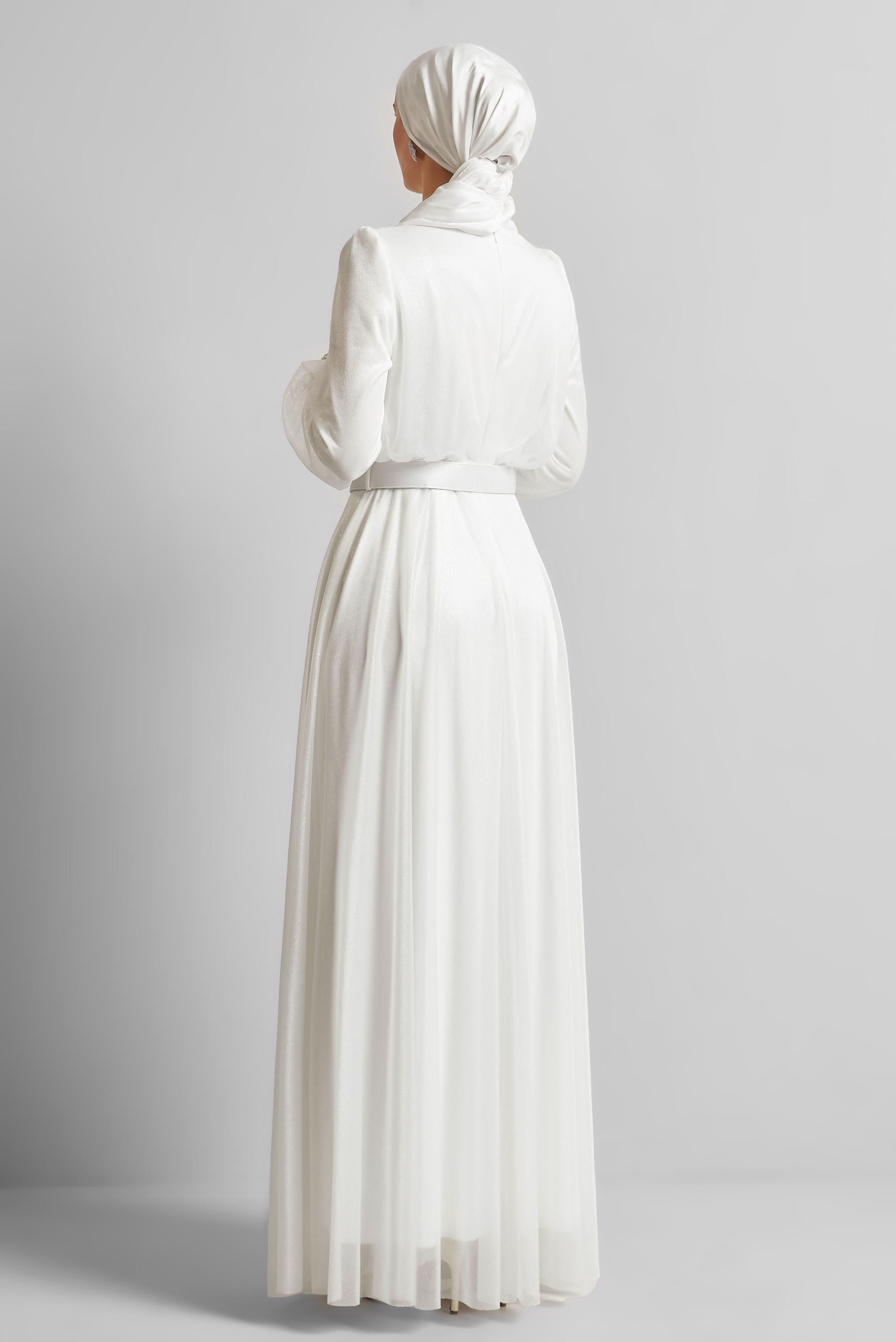 Tesettür giyim BEYAZ KEMERLİ ABİYE ELBİSE 45607