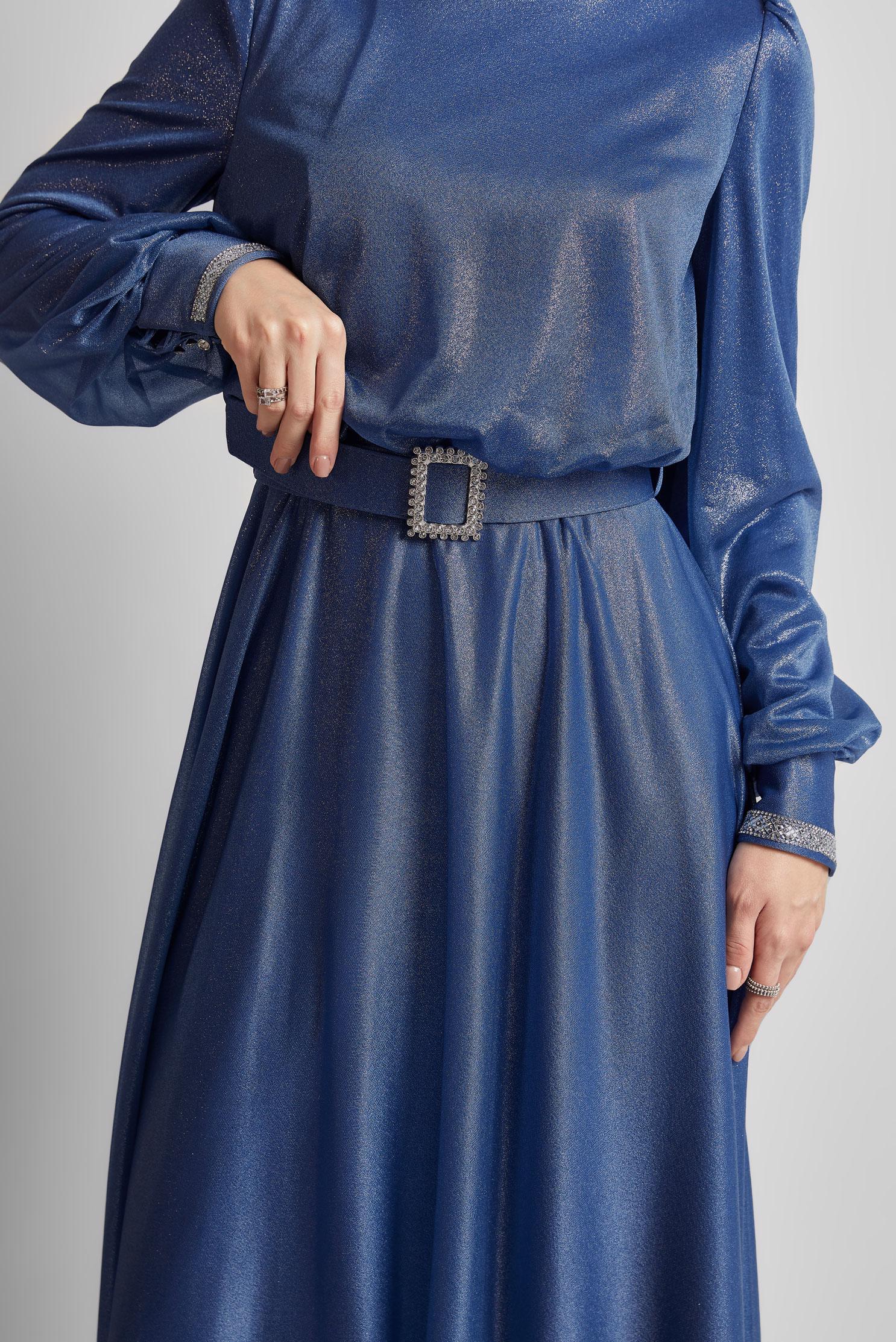 Tesettür giyim MAVİ KEMERLİ ABİYE ELBİSE 45607