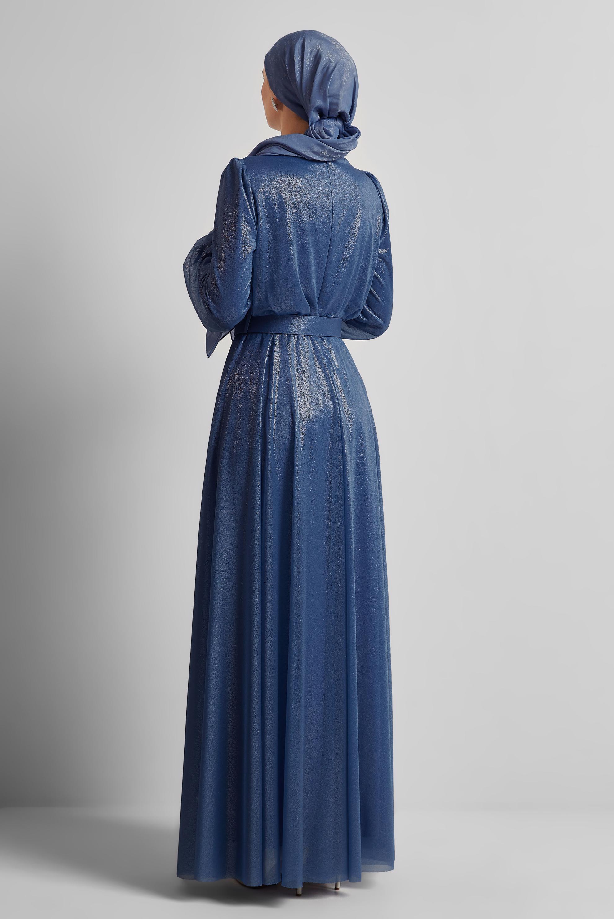 Tesettür giyim MAVİ KEMERLİ ABİYE ELBİSE 45607