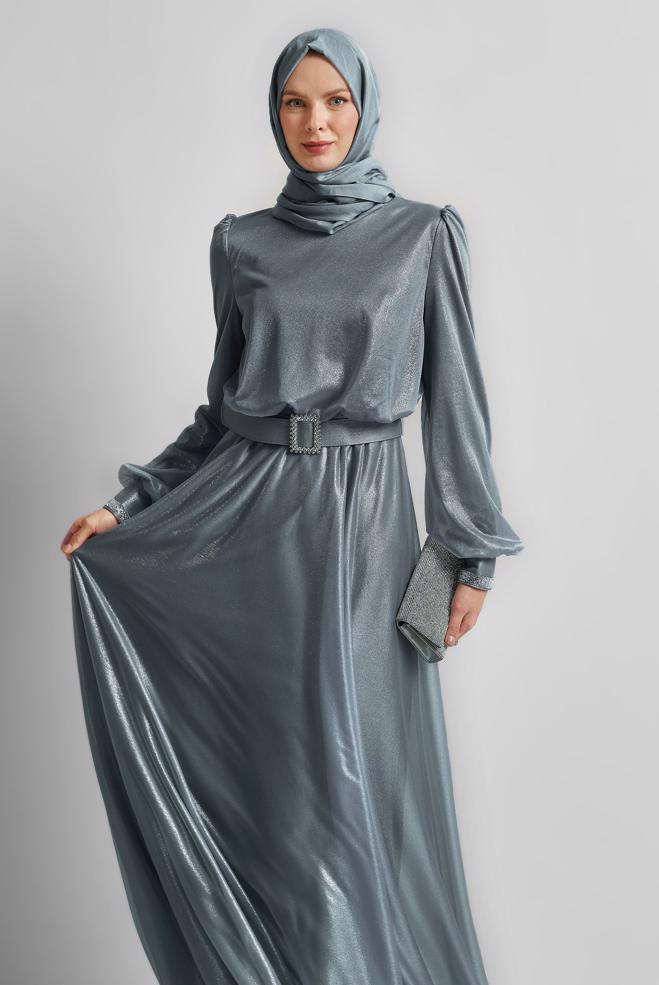 Vêtements hijab GRIS ROBE DE SOIRÉE CEINTURÉE 45607 - ALVİNA