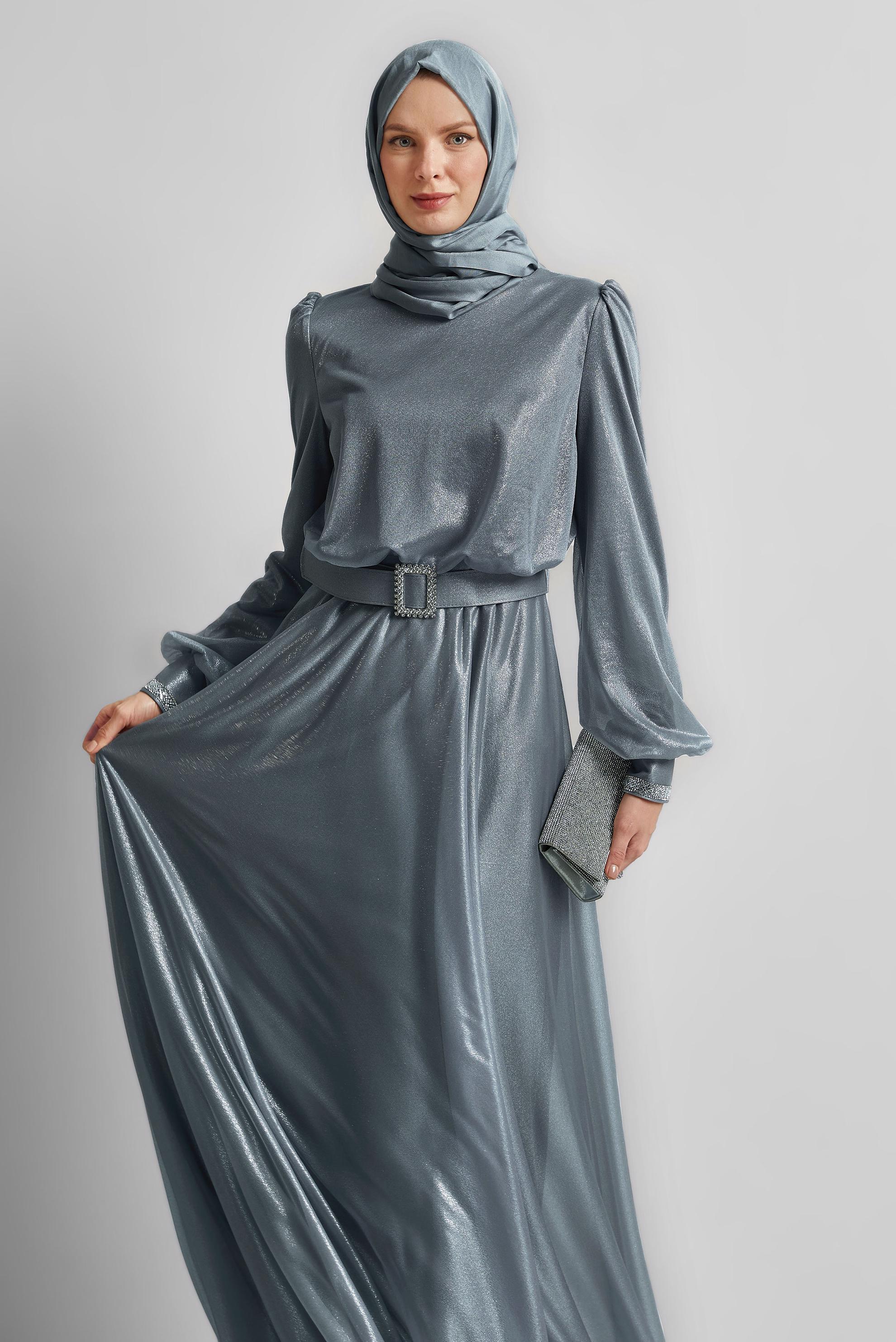 Vêtements hijab GRIS ROBE DE SOIRÉE CEINTURÉE 45607