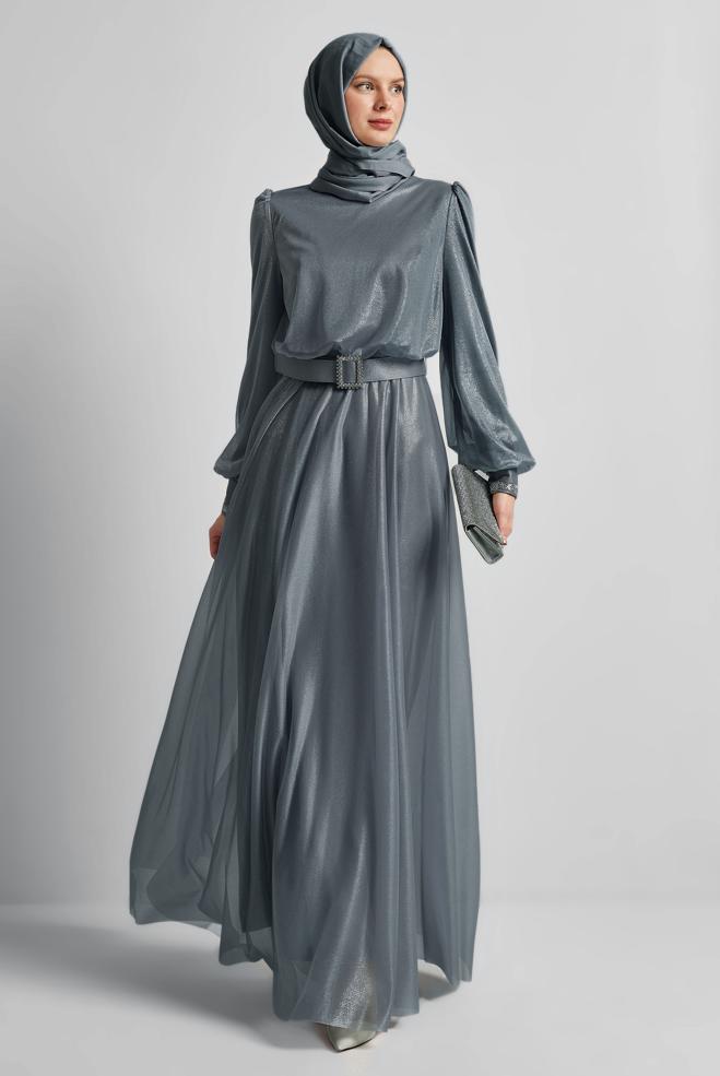 Vêtements hijab GRIS ROBE DE SOIRÉE CEINTURÉE 45607 - ALVİNA