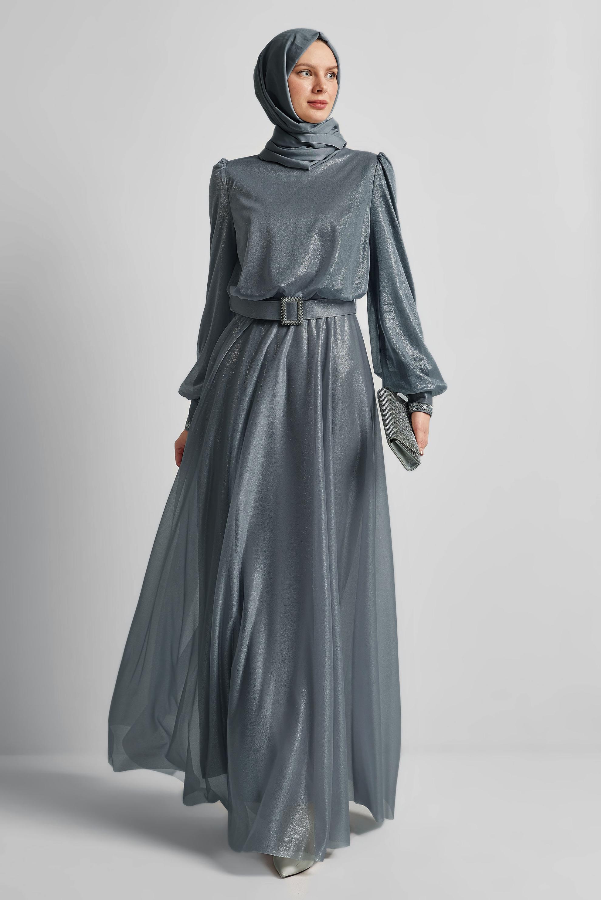 Vêtements hijab GRIS ROBE DE SOIRÉE CEINTURÉE 45607