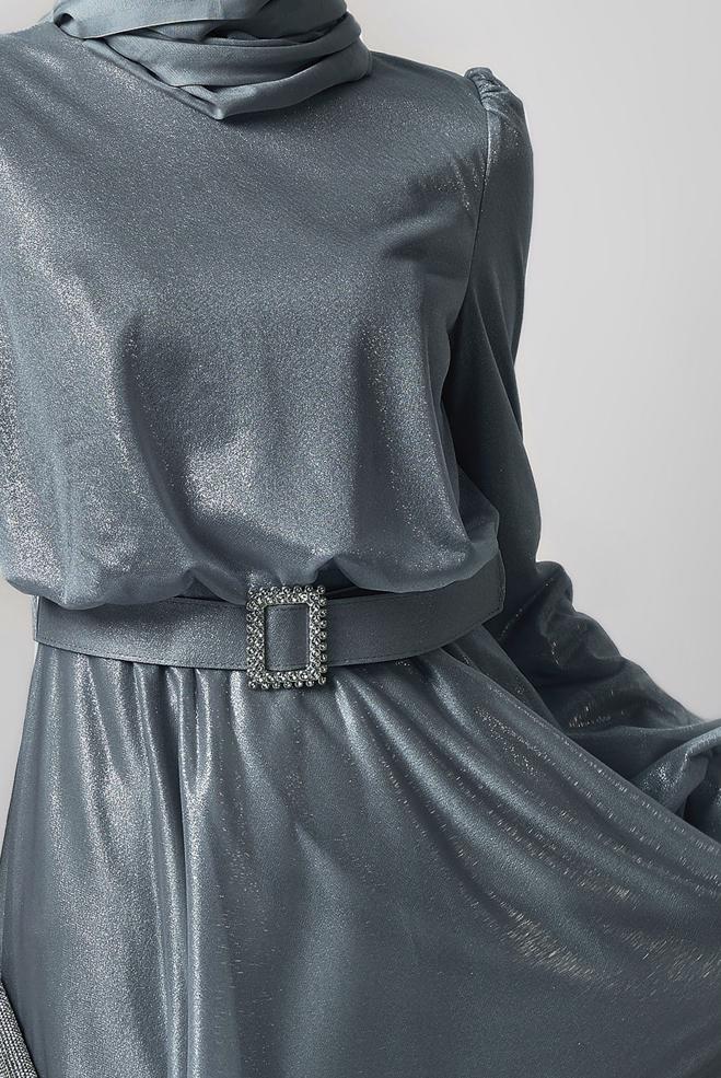 Vêtements hijab GRIS ROBE DE SOIRÉE CEINTURÉE 45607 - ALVİNA