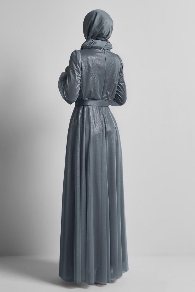 Vêtements hijab GRIS ROBE DE SOIRÉE CEINTURÉE 45607 - ALVİNA
