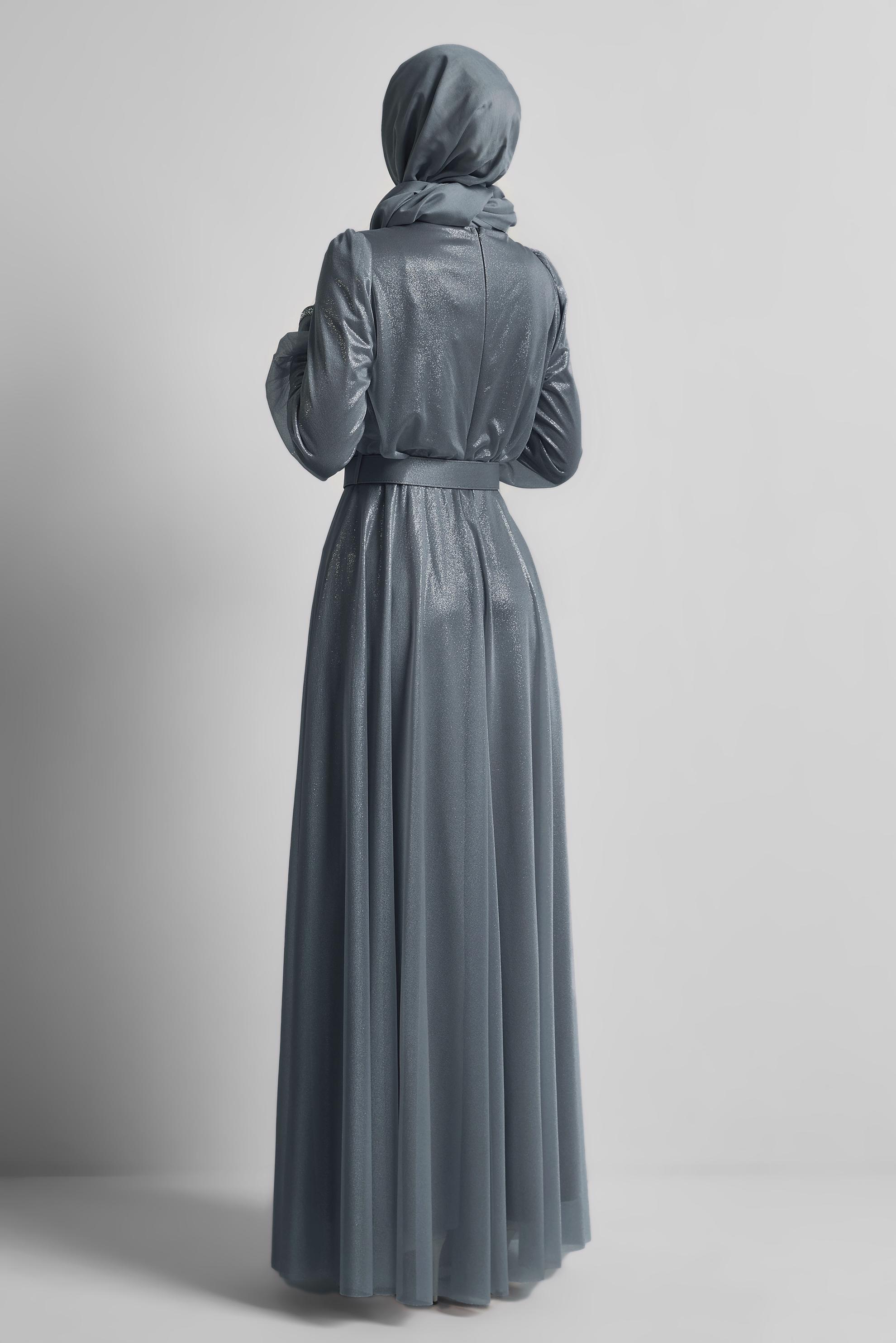 Vêtements hijab GRIS ROBE DE SOIRÉE CEINTURÉE 45607
