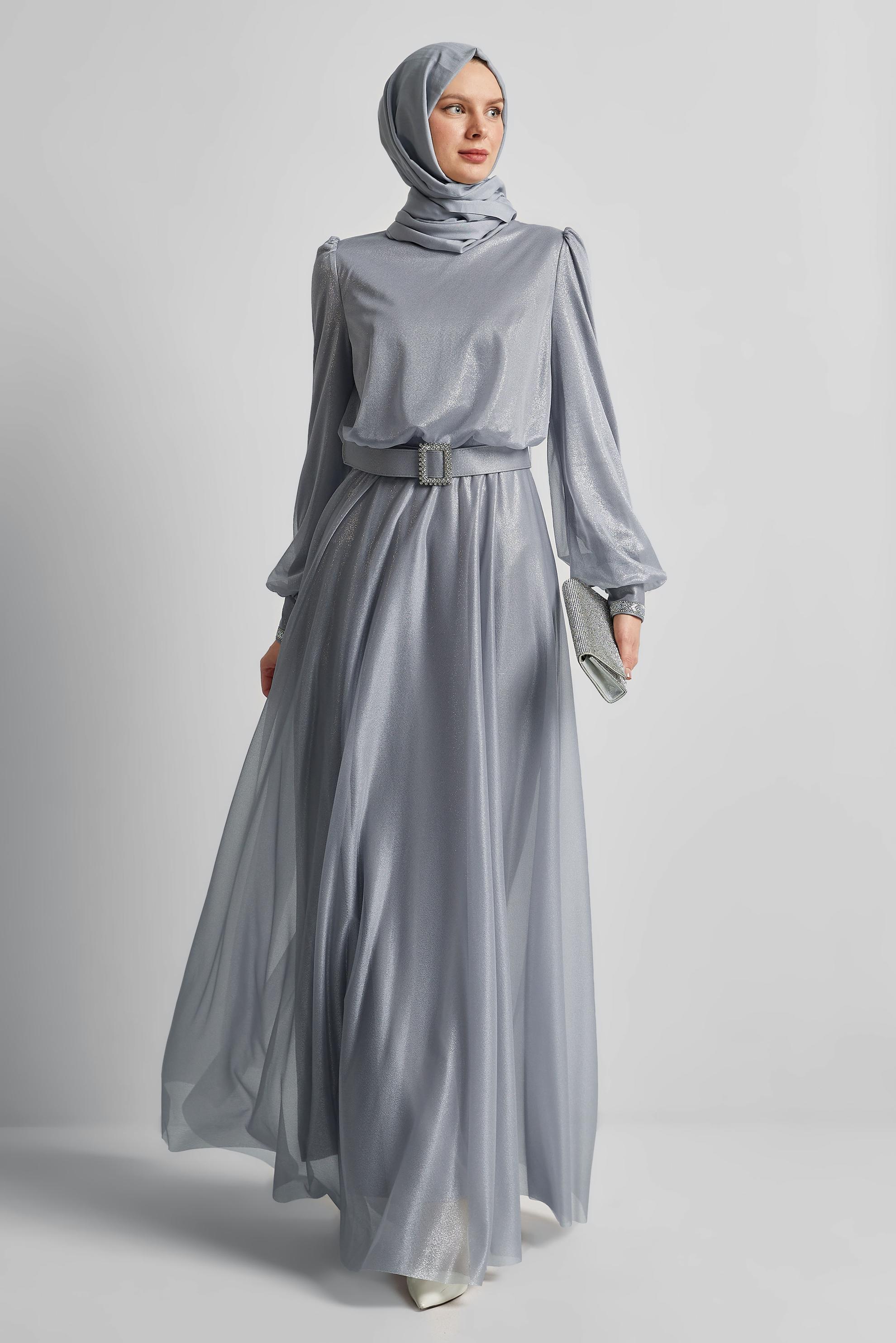 Tesettür giyim GRİ KEMERLİ ABİYE ELBİSE 45607