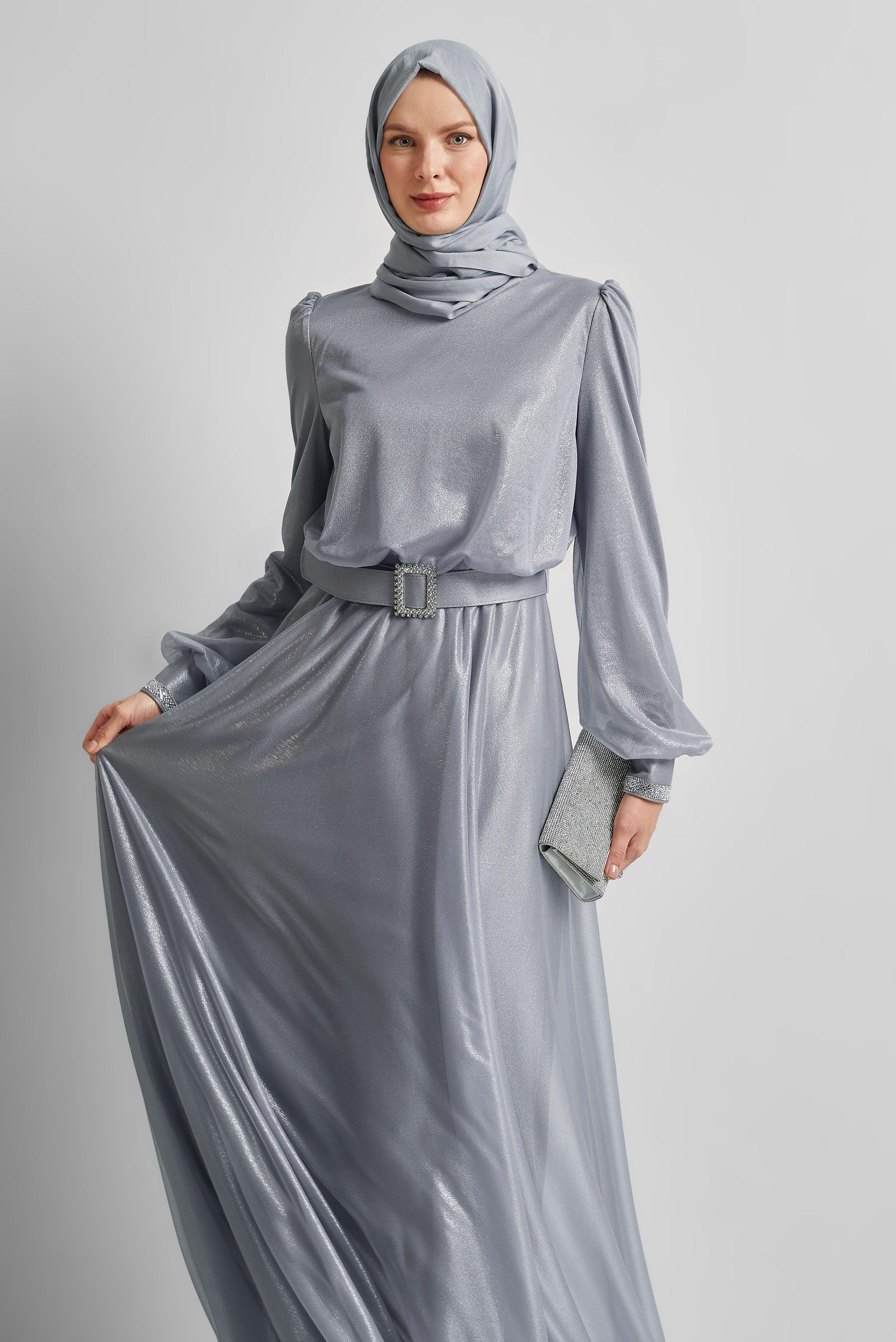 Tesettür giyim GRİ KEMERLİ ABİYE ELBİSE 45607