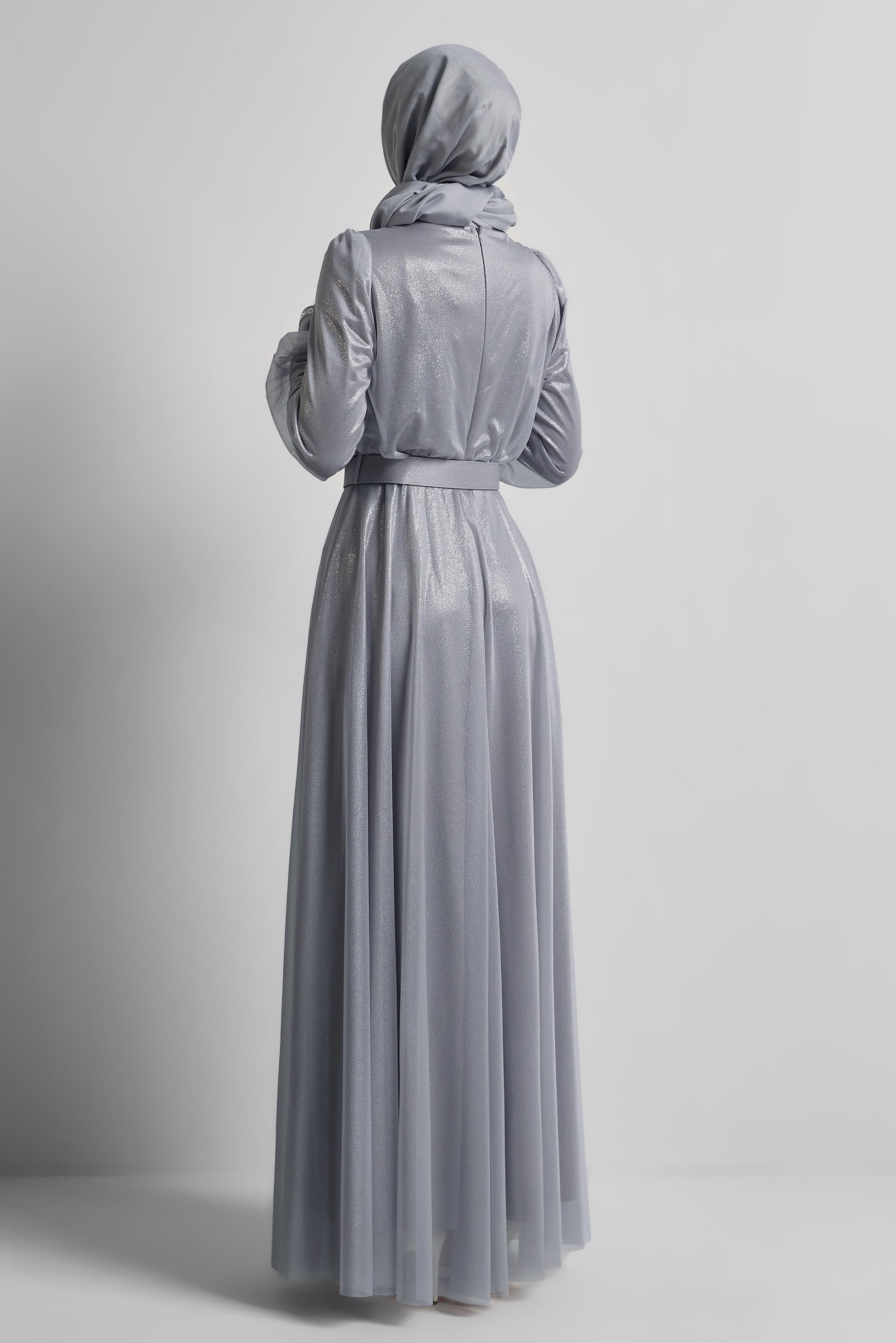 Tesettür giyim GRİ KEMERLİ ABİYE ELBİSE 45607