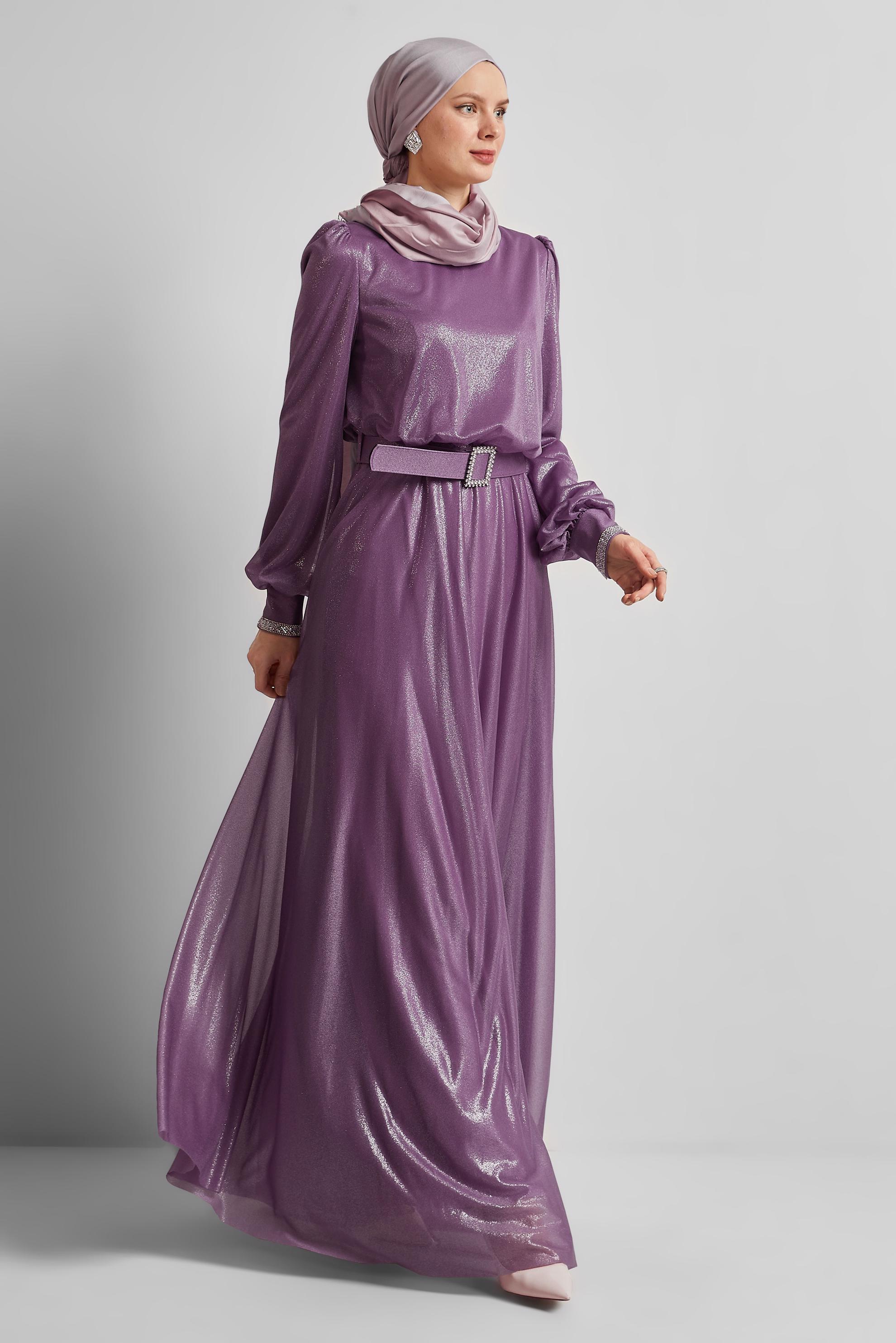 Tesettür giyim MOR KEMERLİ ABİYE ELBİSE 45607
