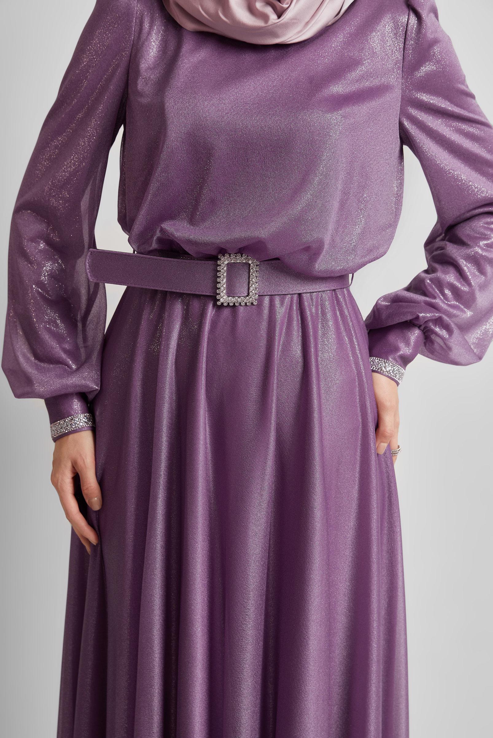 Tesettür giyim MOR KEMERLİ ABİYE ELBİSE 45607